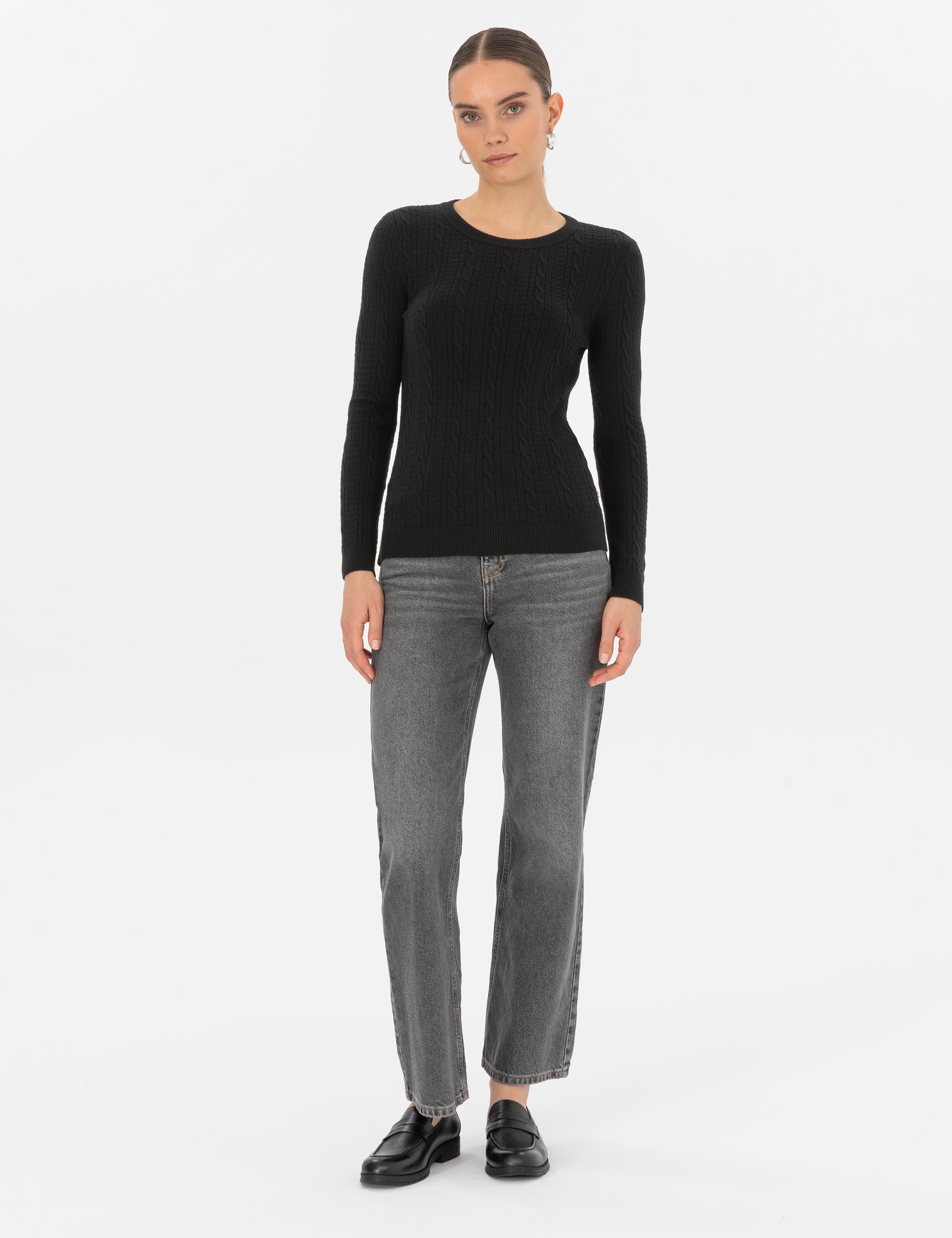 Siyah Extra Slim Fit Örgü Desenli Kazak