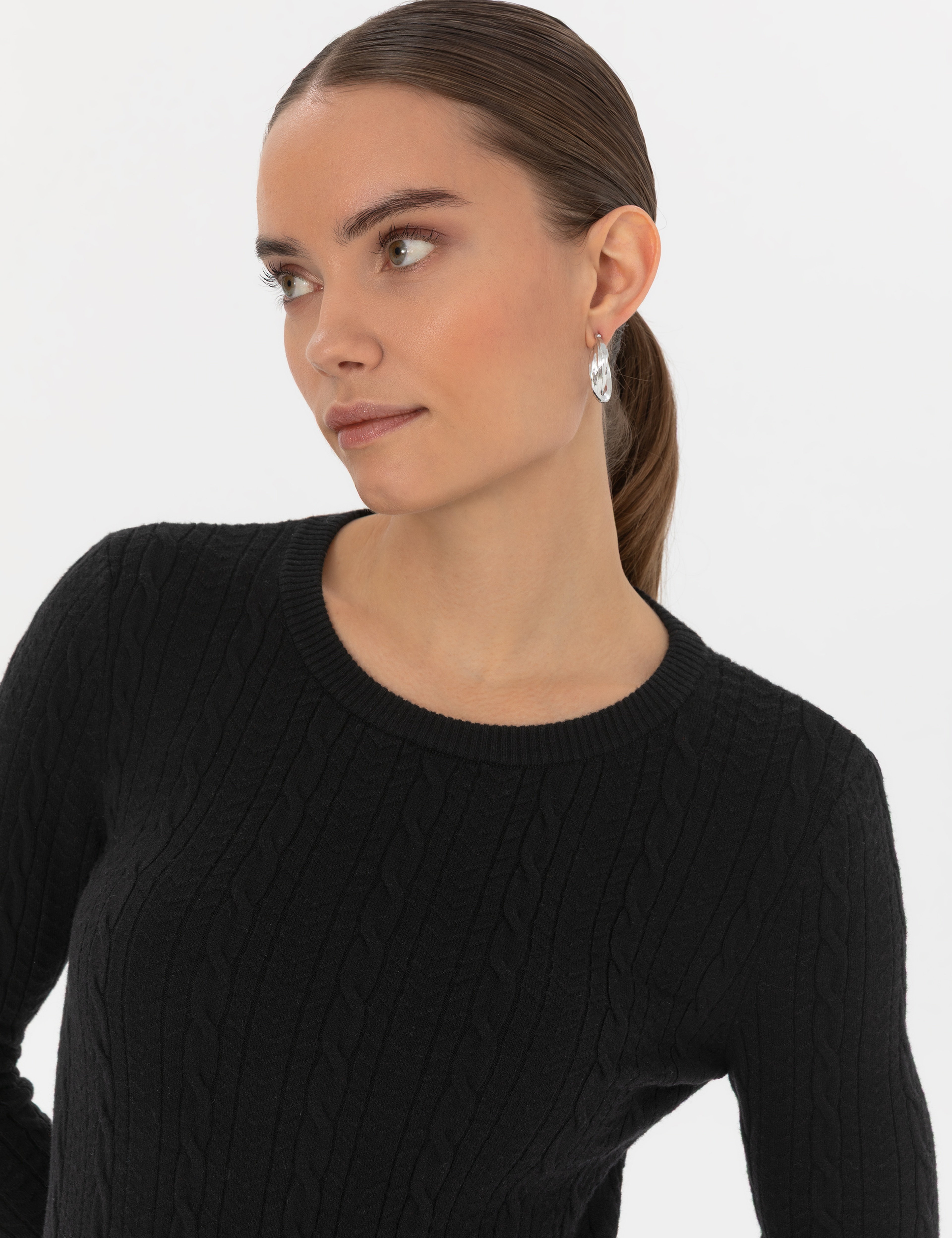 Siyah Extra Slim Fit Örgü Desenli Kazak - Image 2