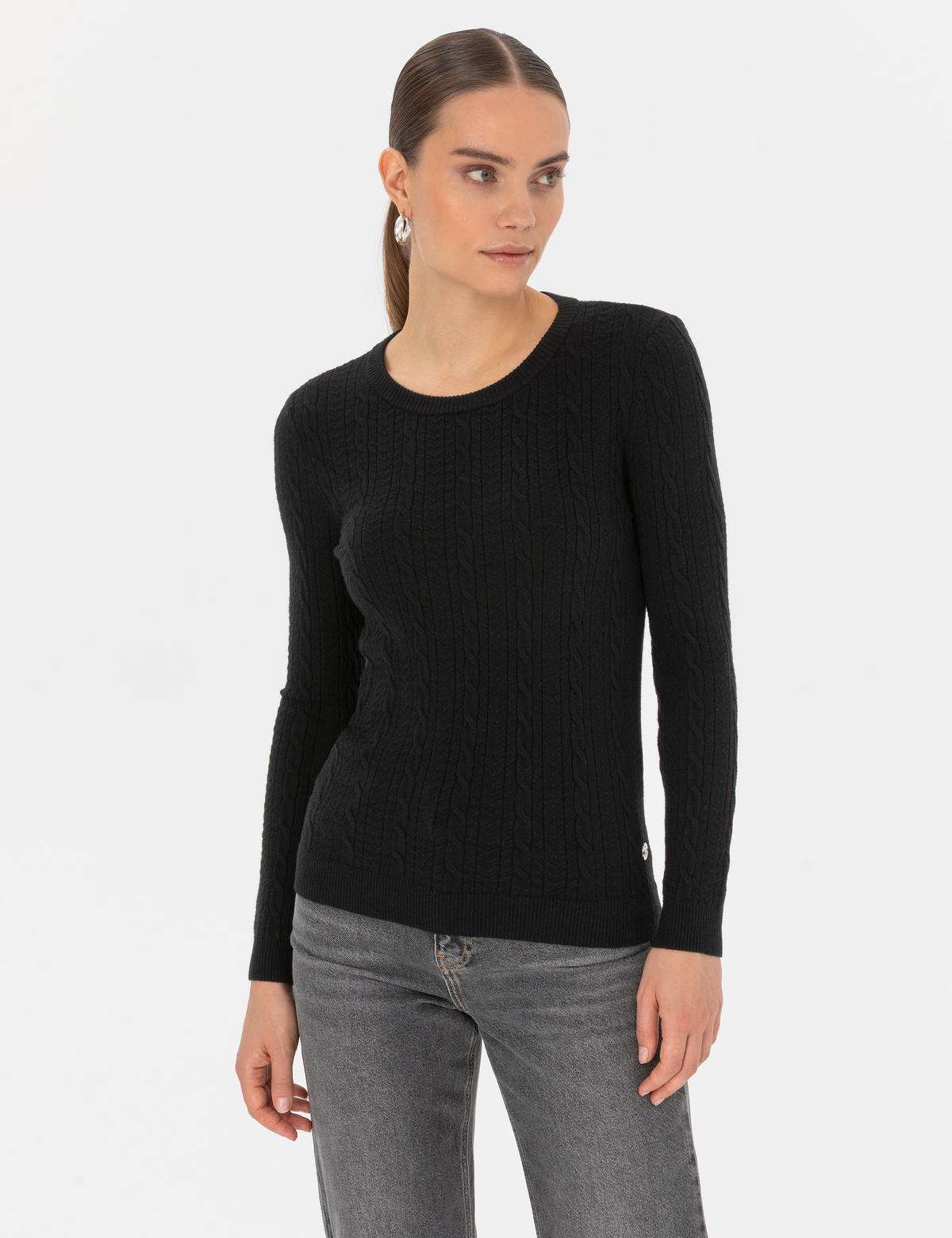 Siyah Ex. Slim Fit Örgü Desenli Kazak - 50316334035