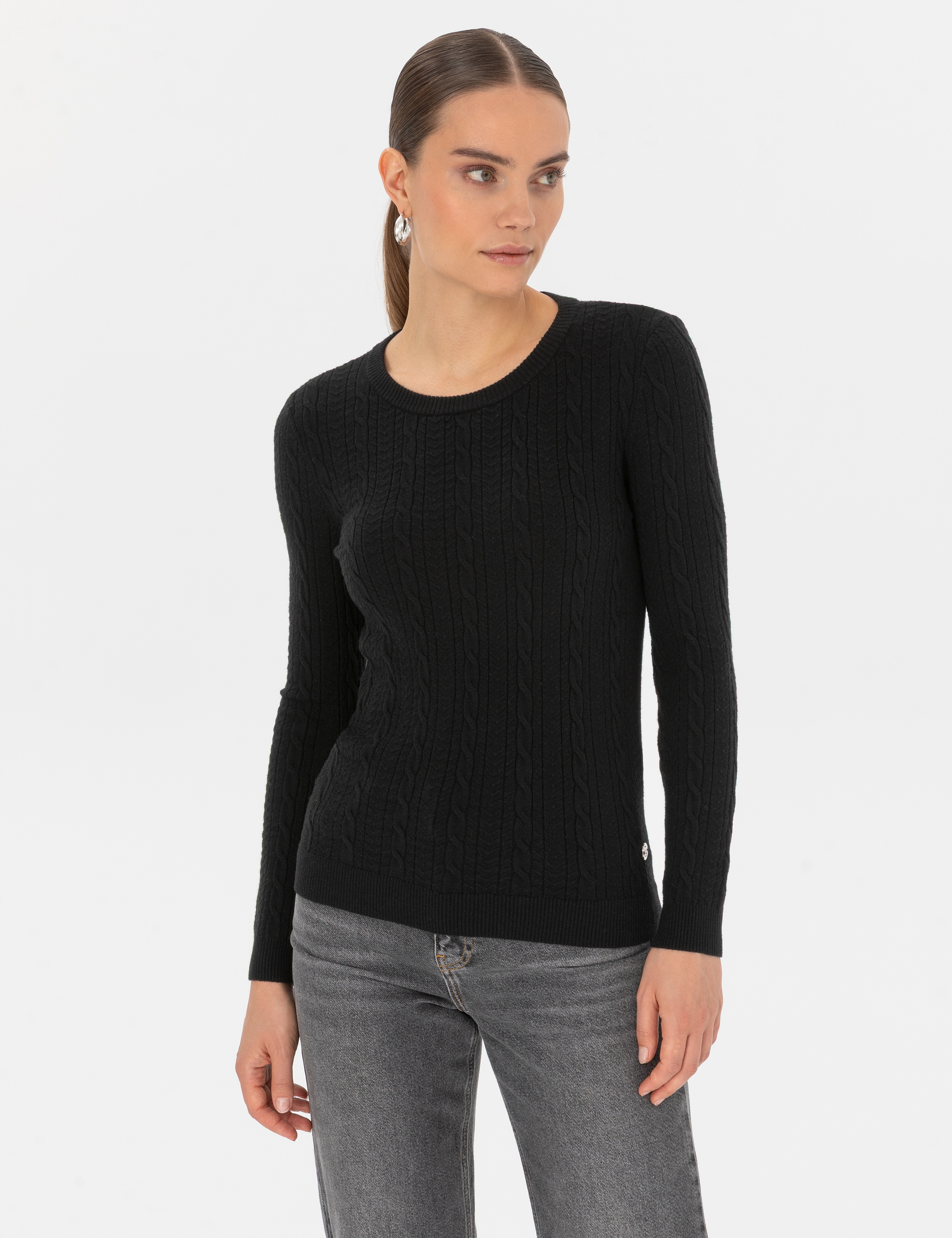 Siyah Extra Slim Fit Örgü Desenli Kazak - Image 3