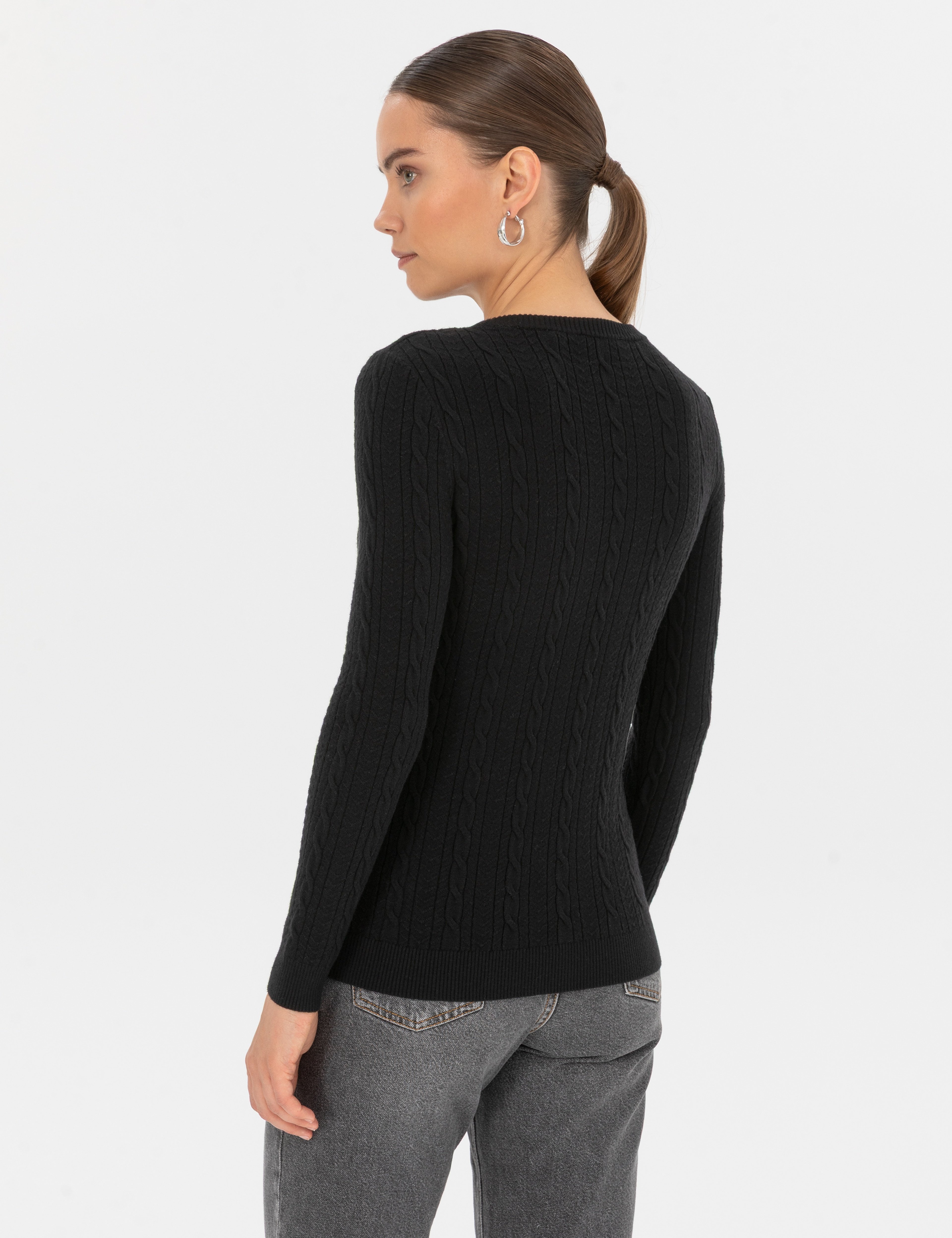 Siyah Extra Slim Fit Örgü Desenli Kazak - Image 5