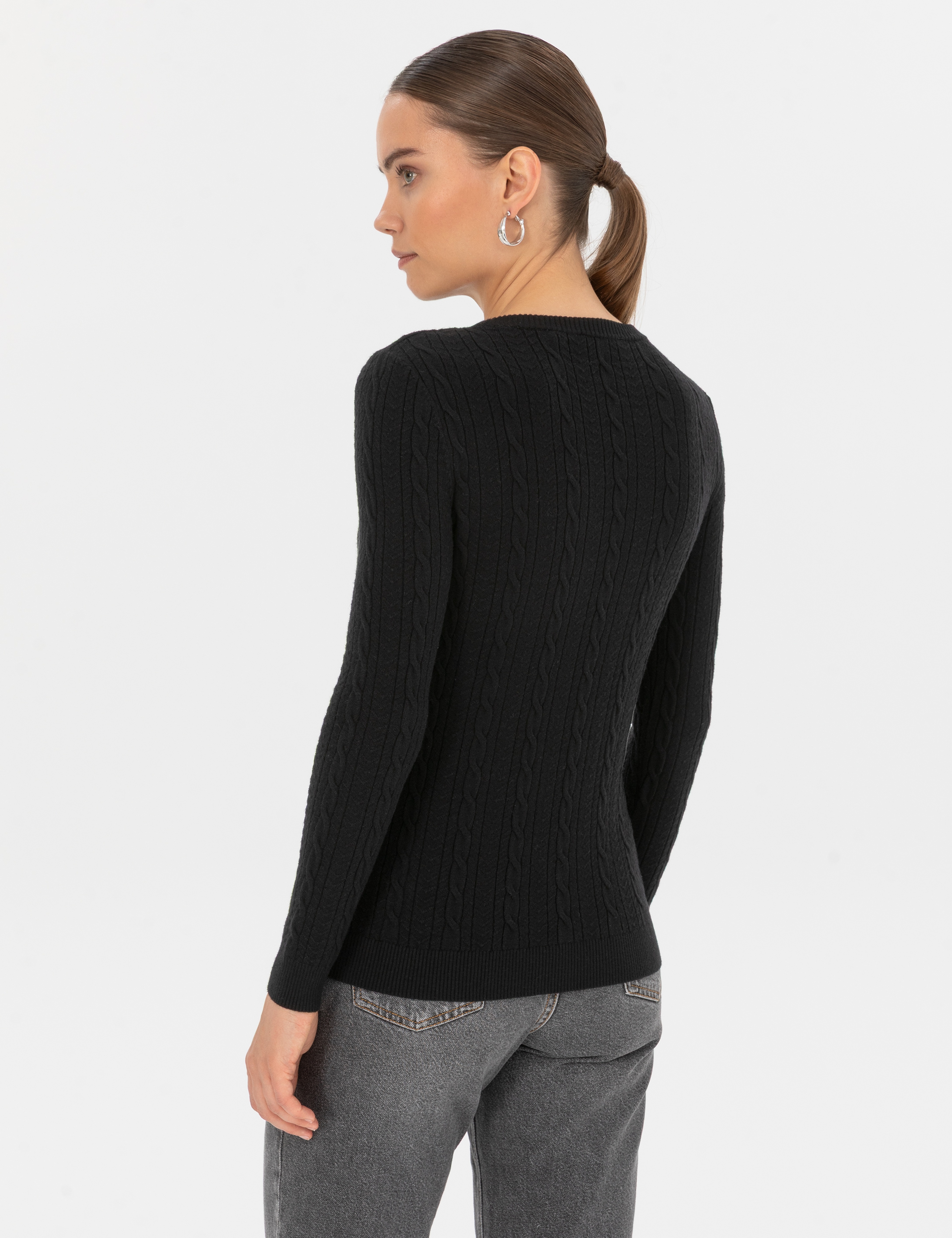Siyah Extra Slim Fit Örgü Desenli Kazak