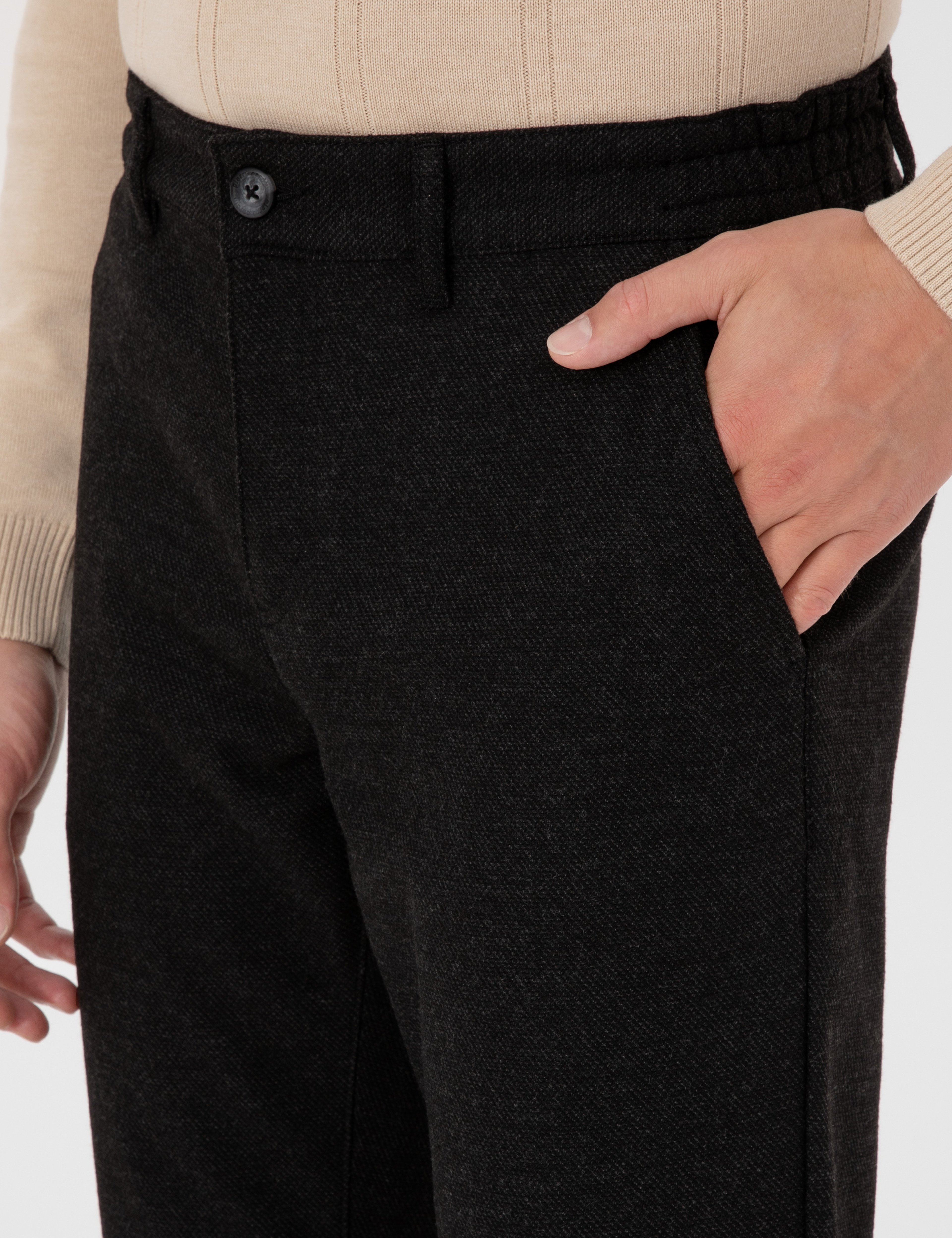 Siyah Regular Fit Beli Lastikli Kanvas Pantolon