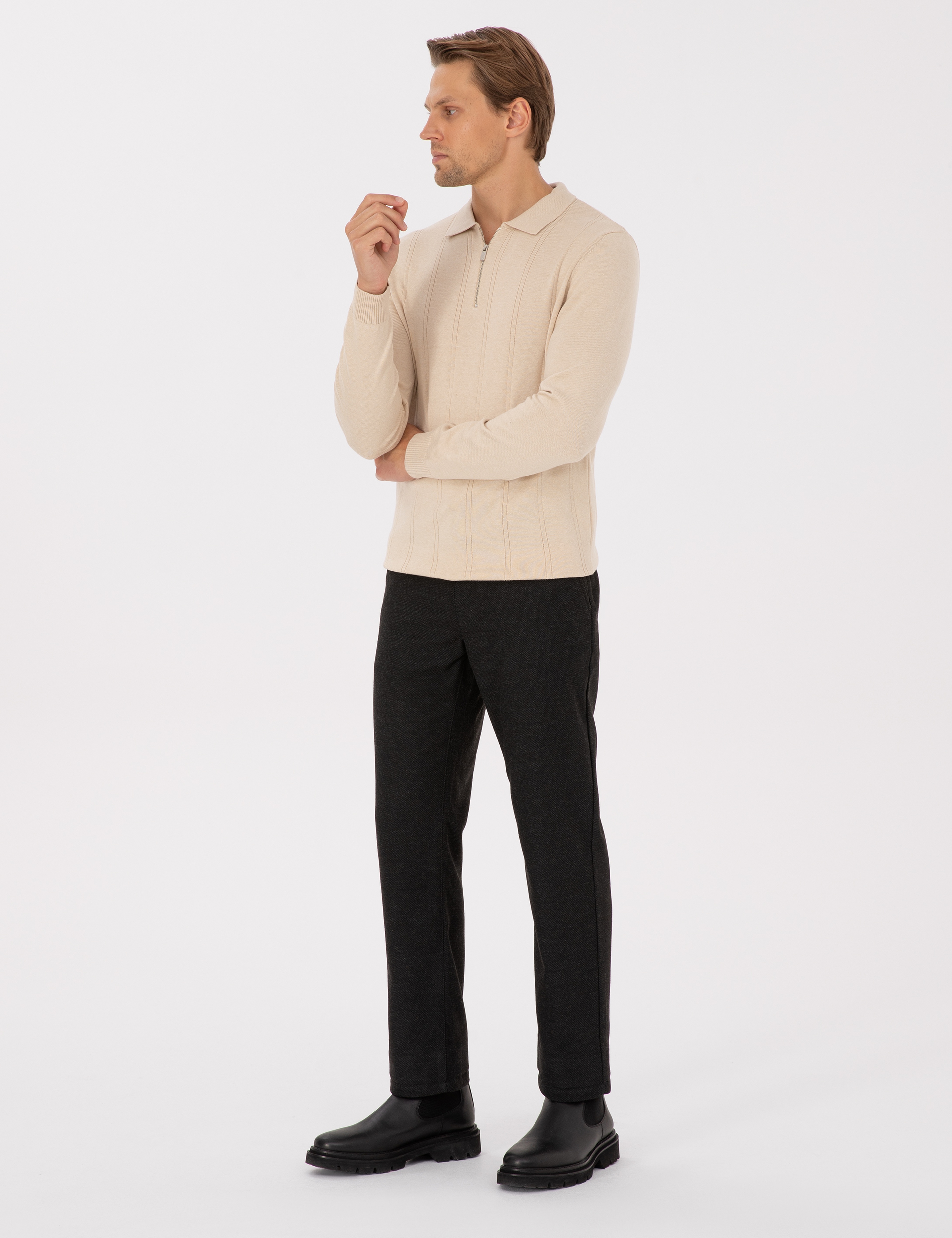 Siyah Regular Fit Beli Lastikli Kanvas Pantolon - Image 3