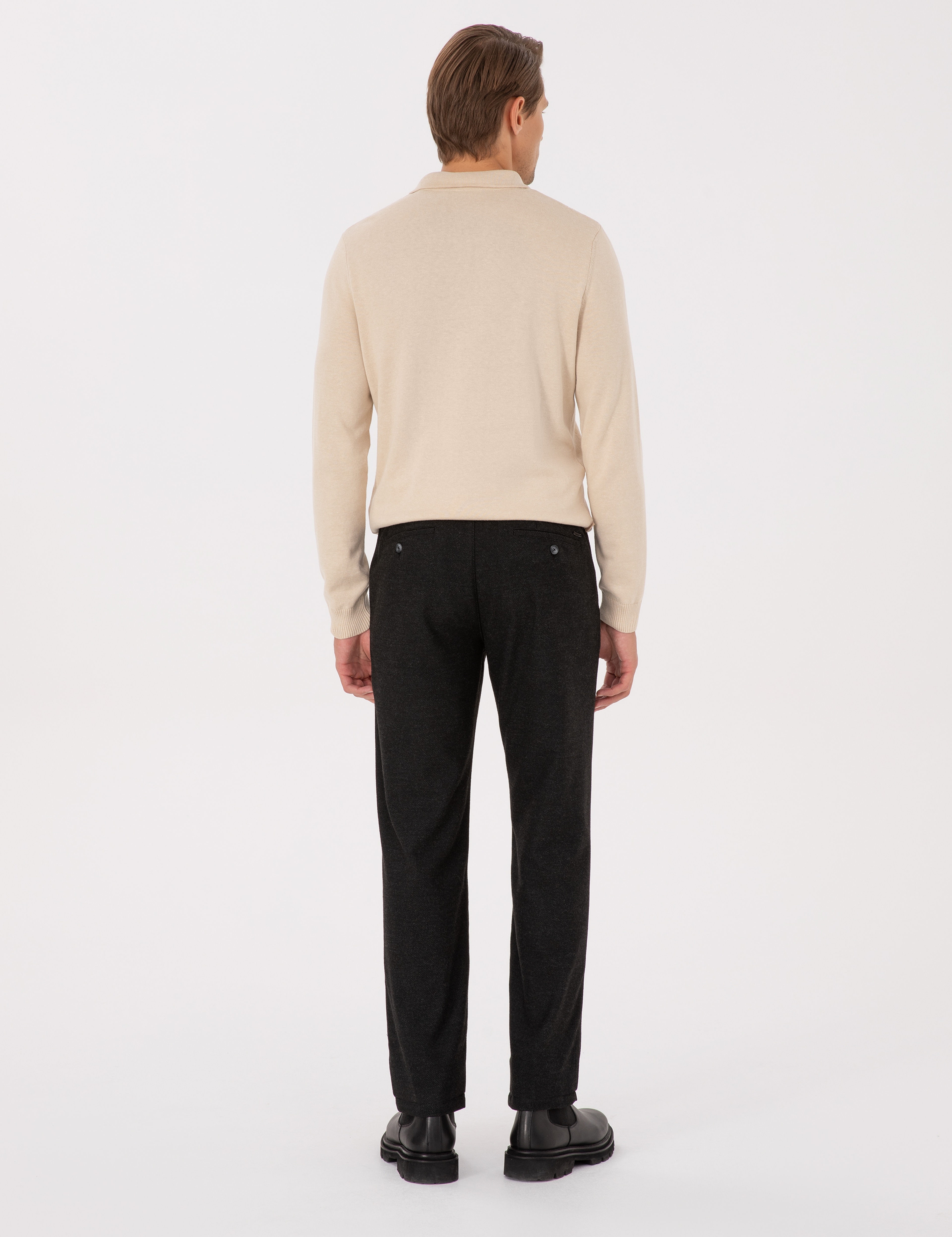 Siyah Regular Fit Beli Lastikli Kanvas Pantolon - Image 4