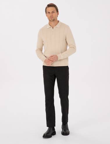 Siyah Regular Fit Beli Lastikli Kanvas Pantolon