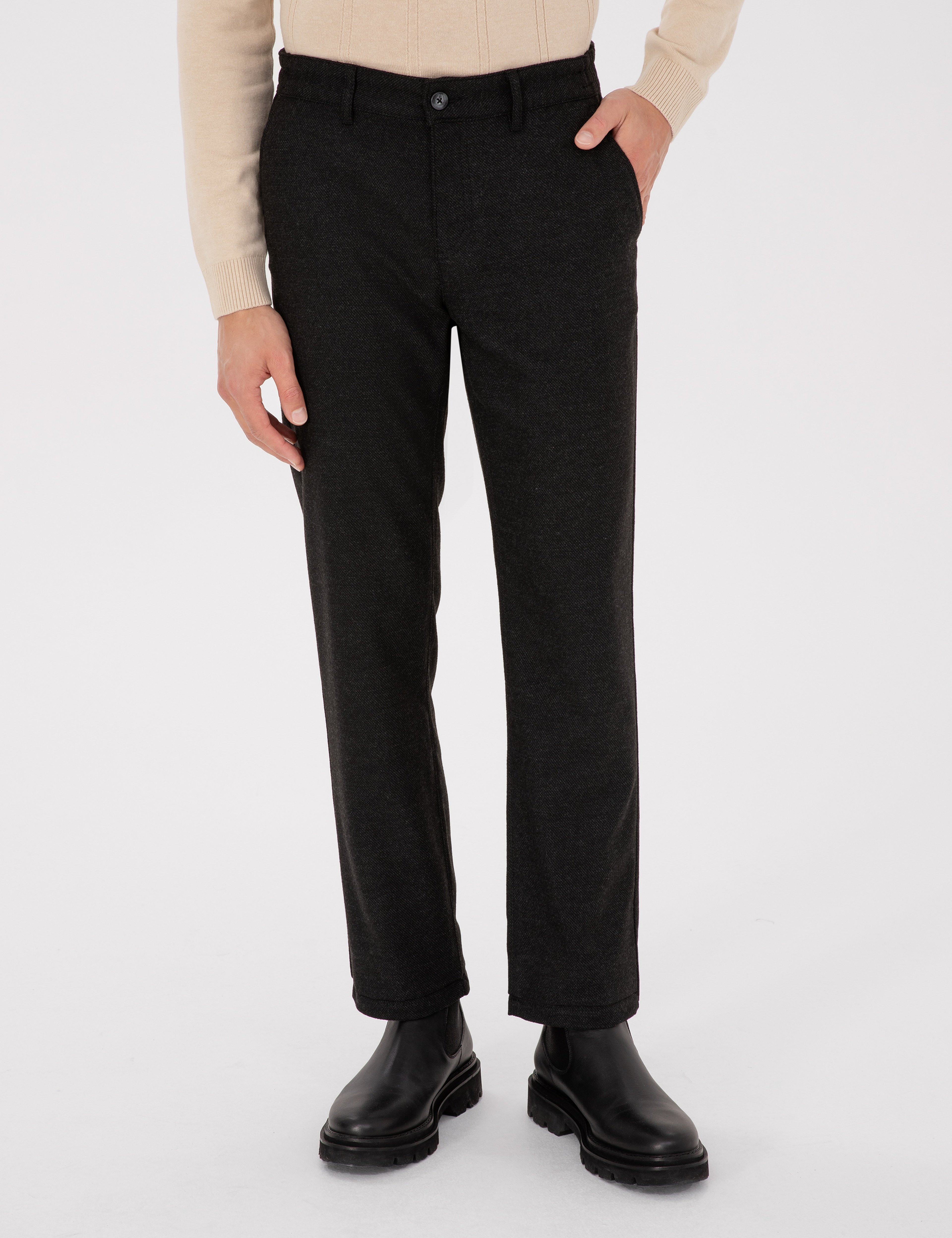Siyah Regular Fit Beli Lastikli Kanvas Pantolon
