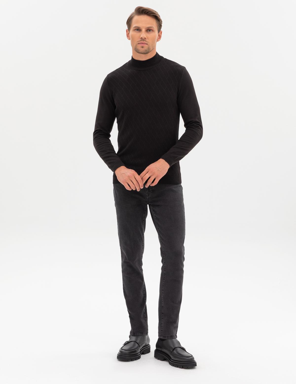 Siyah Slim Fit Yarım Balıkçı Yaka Triko Kazak - 50318128006