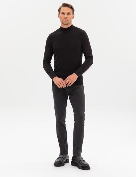 Siyah Slim Fit Yarım Balıkçı Yaka Triko Kazak - 50318128006