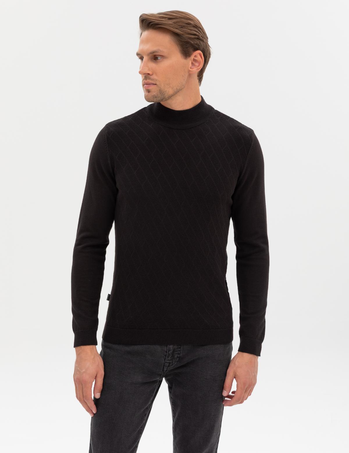 Siyah Slim Fit Yarım Balıkçı Yaka Triko Kazak - 50318128006