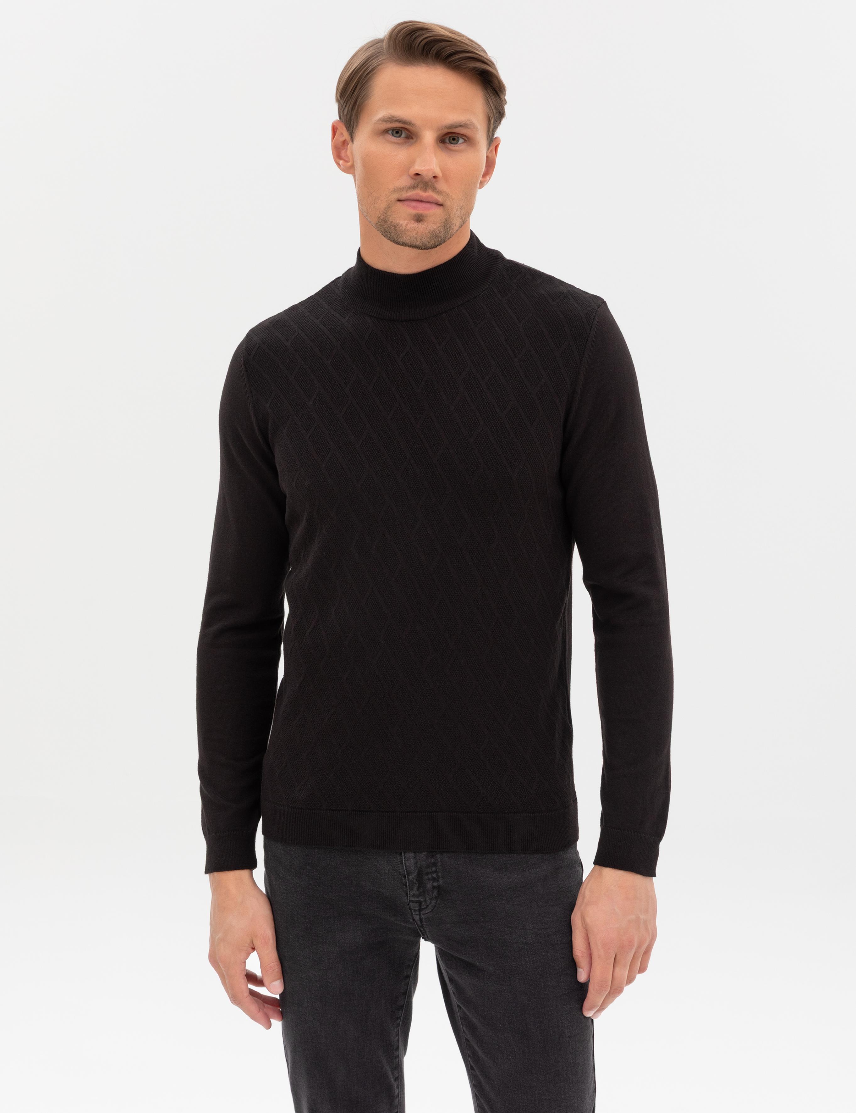 Siyah Slim Fit Yarım Balıkçı Yaka Triko Kazak