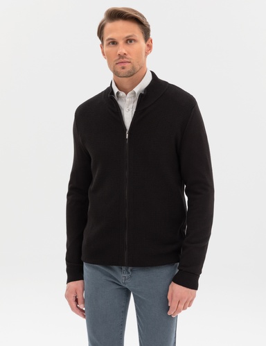 Siyah Slim Fit Fermuarlı Triko Hırka