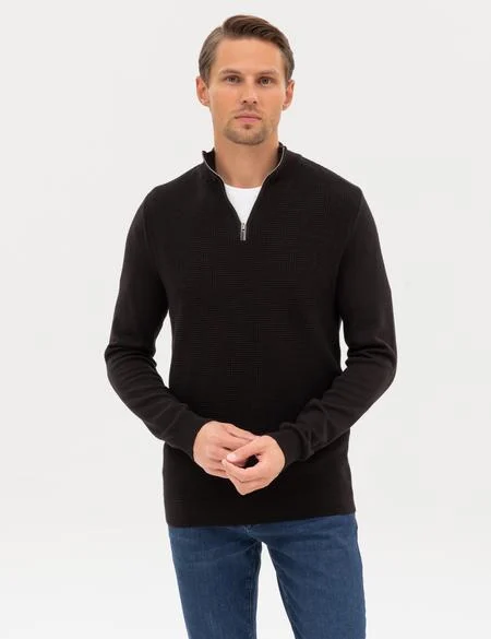Siyah Slim Fit Dik Yaka Fermuarlı Triko Kazak - 50317397027