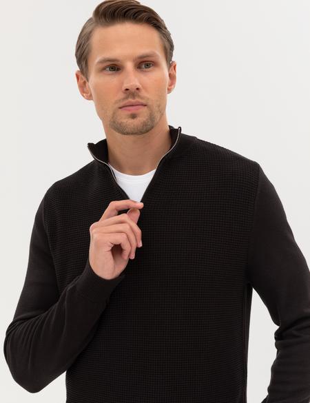 Siyah Slim Fit Dik Yaka Fermuarlı Triko Kazak - 50317397027