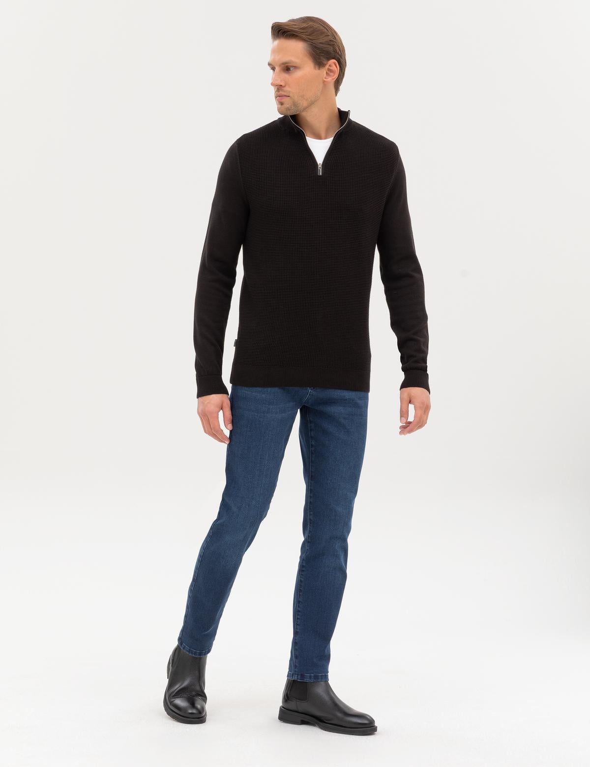 Siyah Slim Fit Dik Yaka Fermuarlı Triko Kazak - 50317397027