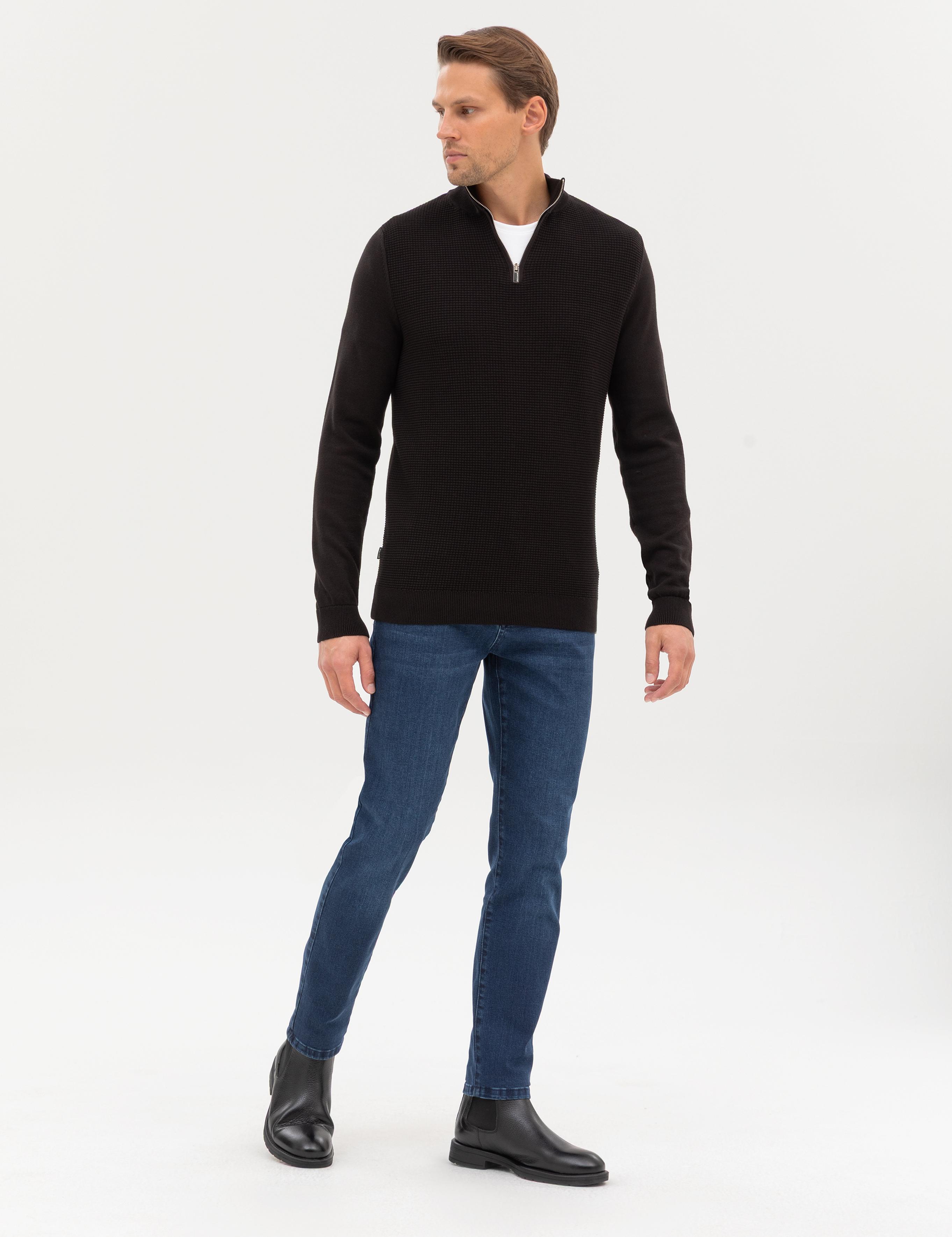 Siyah Slim Fit Dik Yaka Fermuarlı Triko Kazak