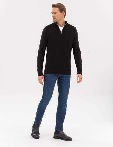 Siyah Slim Fit Dik Yaka Fermuarlı Triko Kazak - 50317397027