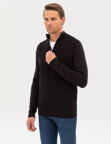 Siyah Slim Fit Dik Yaka Fermuarlı Triko Kazak
