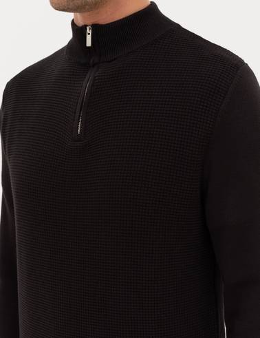 Siyah Slim Fit Dik Yaka Fermuarlı Triko Kazak
