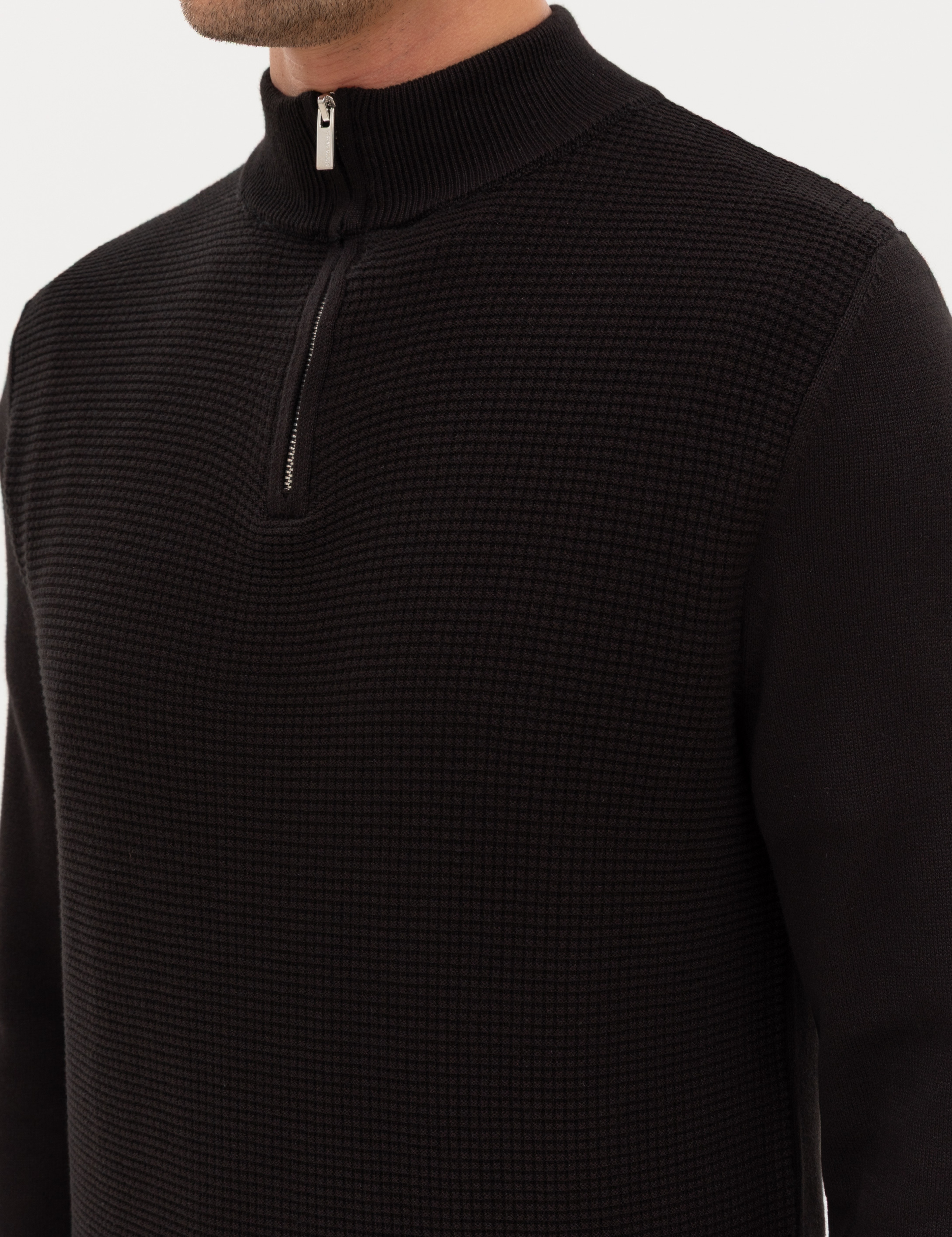 Siyah Slim Fit Dik Yaka Fermuarlı Triko Kazak - Image 7