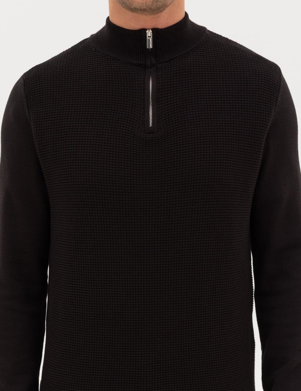 Siyah Slim Fit Dik Yaka Fermuarlı Triko Kazak - 50317397027