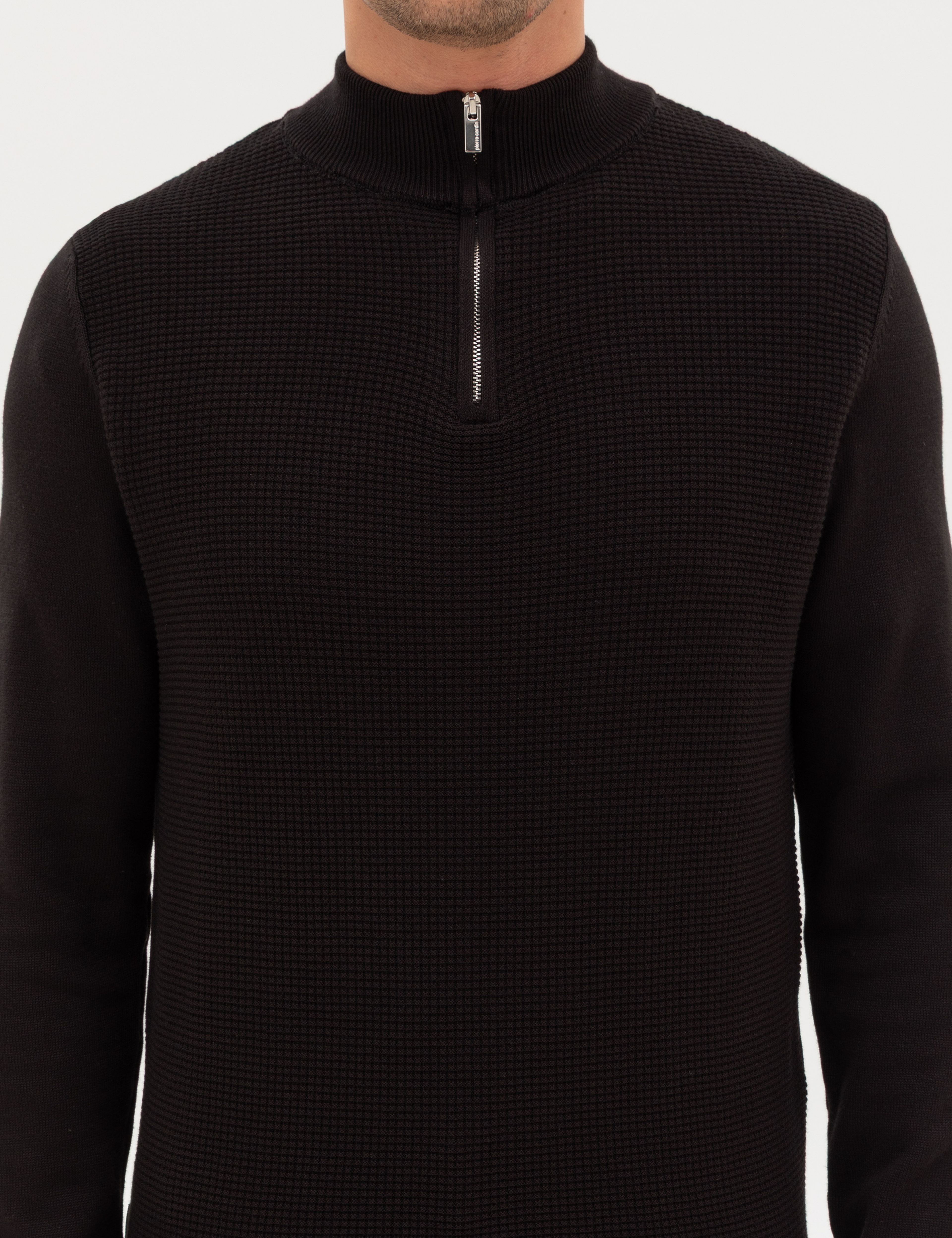 Siyah Slim Fit Dik Yaka Fermuarlı Triko Kazak