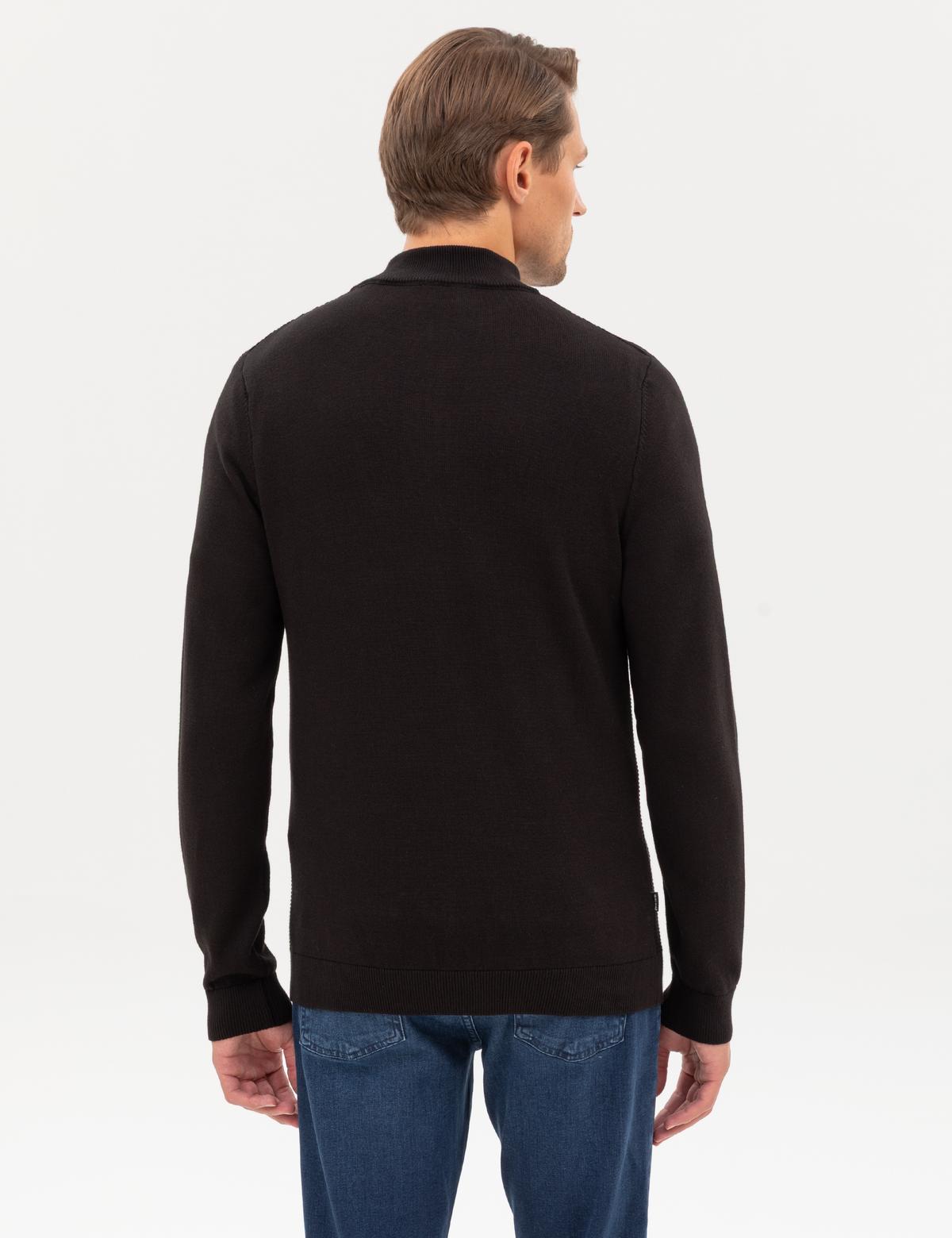 Siyah Slim Fit Dik Yaka Fermuarlı Triko Kazak - 50317397027