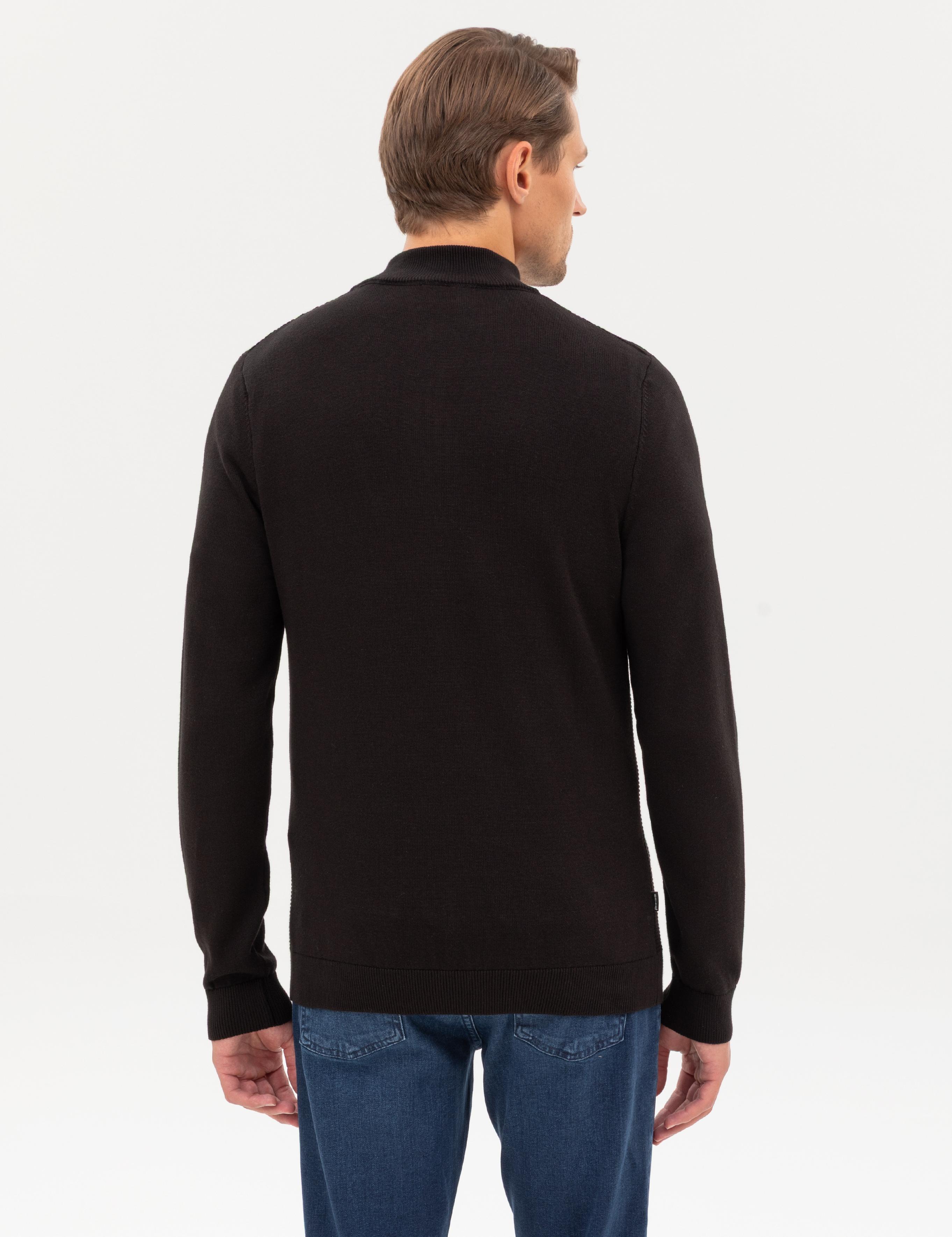 Siyah Slim Fit Dik Yaka Fermuarlı Triko Kazak