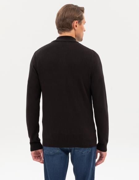 Siyah Slim Fit Dik Yaka Fermuarlı Triko Kazak - 50317397027