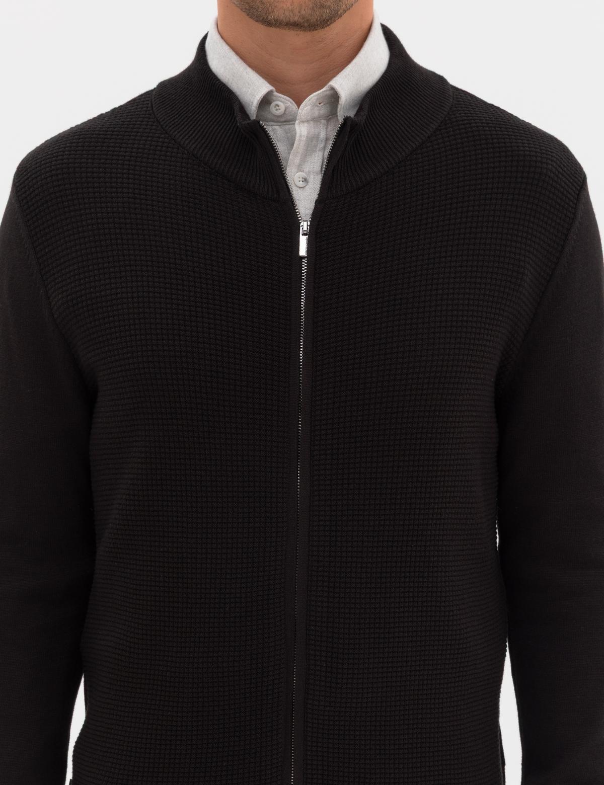 Siyah Slim Fit Fermuarlı Triko Hırka - 50317341013