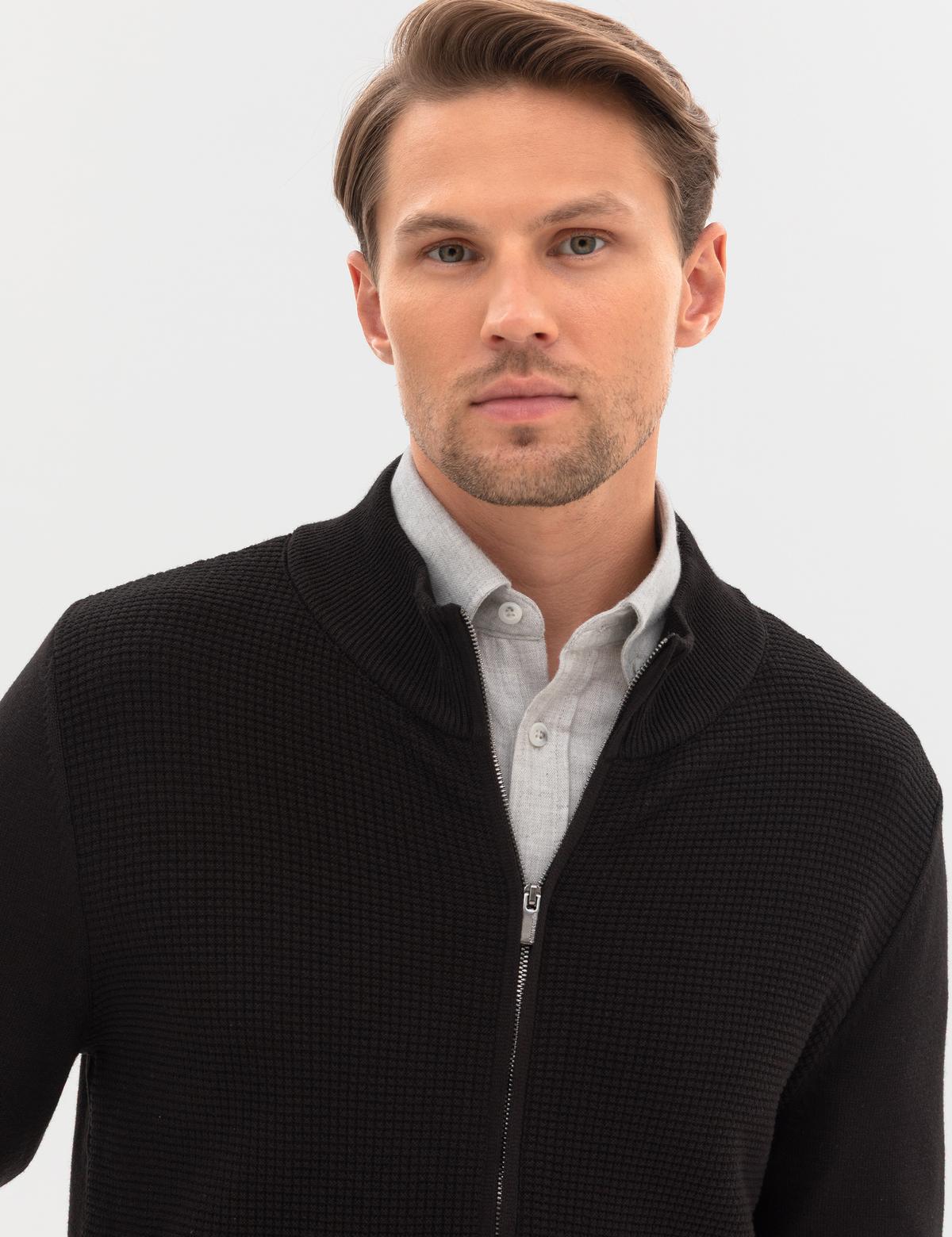 Siyah Slim Fit Fermuarlı Triko Hırka - 50317341013