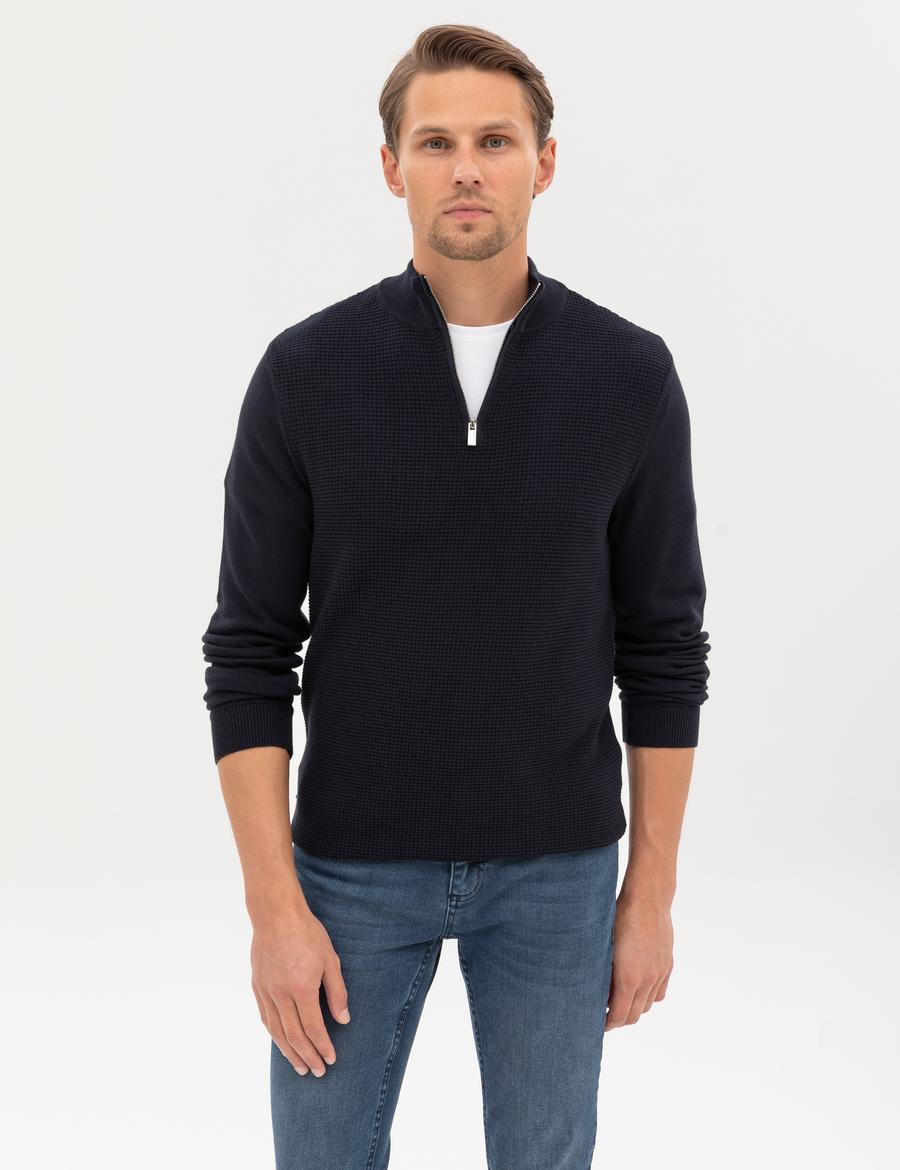 Lacivert Slim Fit Dik Yaka Fermuarlı Triko Kazak