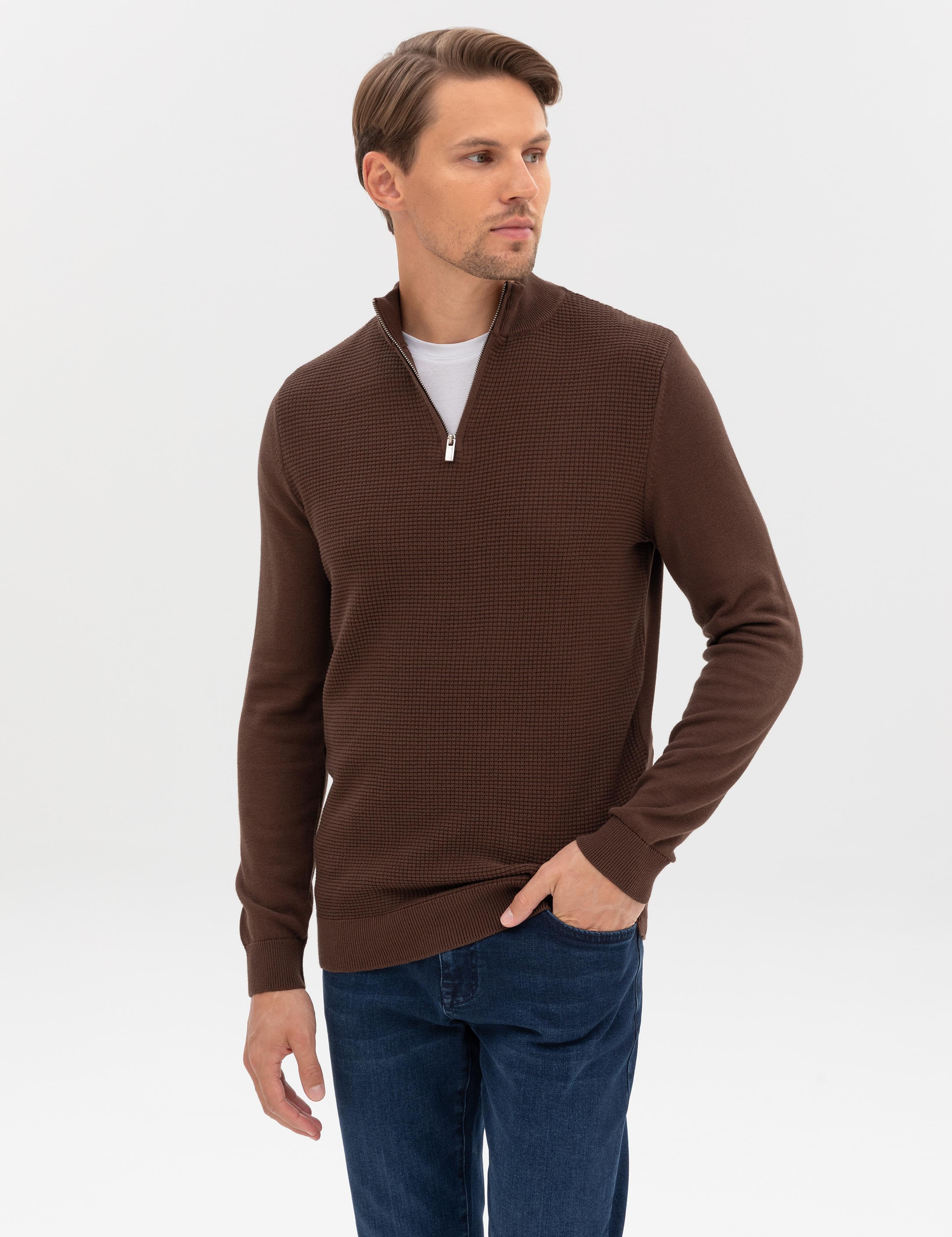 Kahverengi Slim Fit Dik Yaka Fermuarlı Triko Kazak