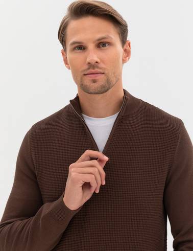 Kahverengi Slim Fit Dik Yaka Fermuarlı Triko Kazak