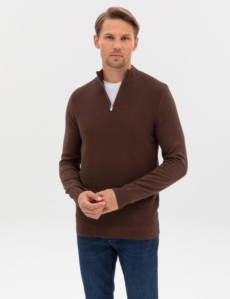 Kahverengi Slim Fit Dik Yaka Fermuarlı Triko Kazak - 50317397016