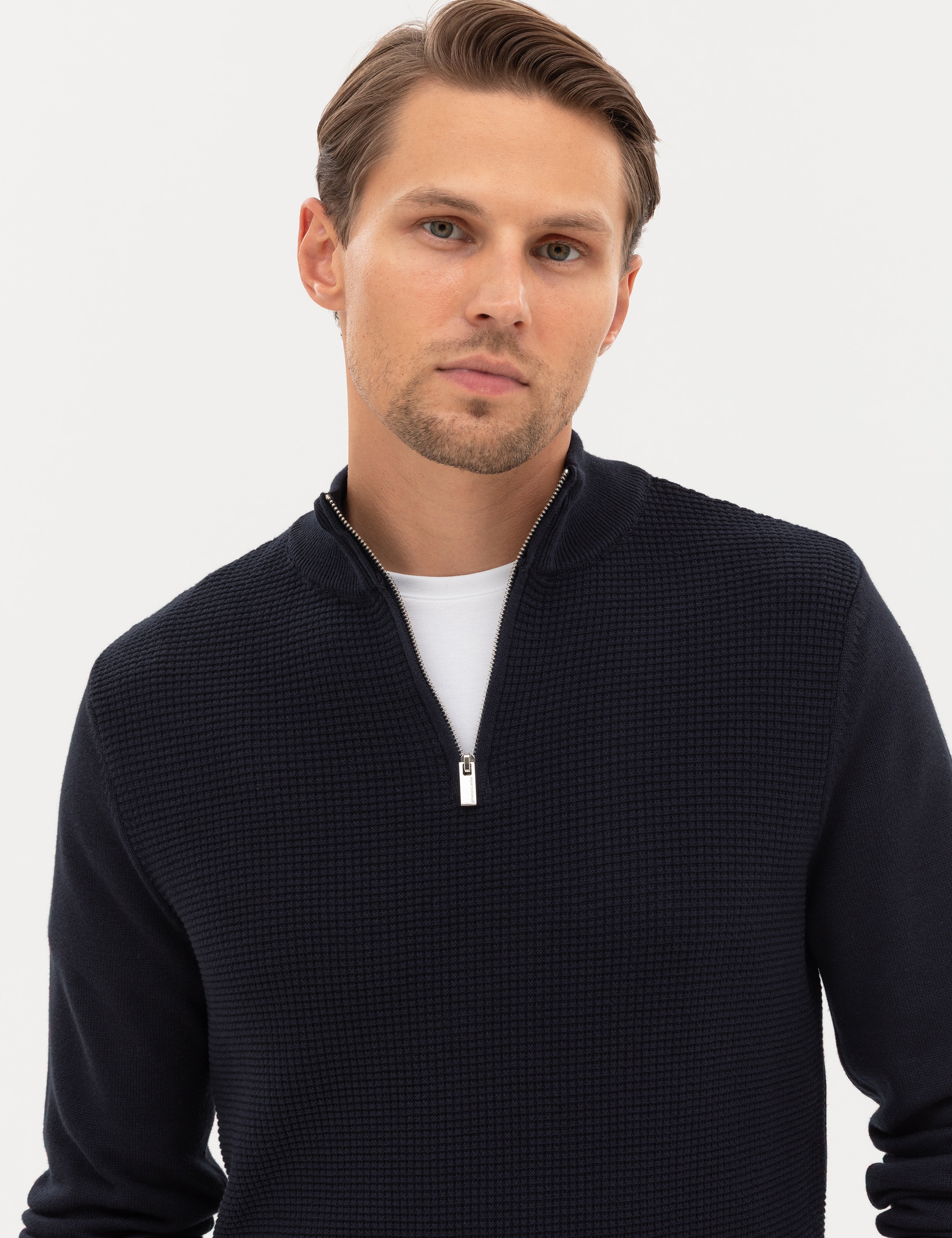 Lacivert Slim Fit Dik Yaka Fermuarlı Triko Kazak