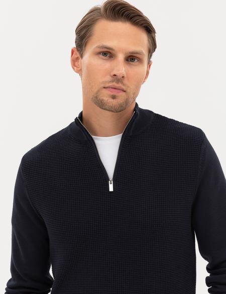 Lacivert Slim Fit Dik Yaka Fermuarlı Triko Kazak - 50317397006