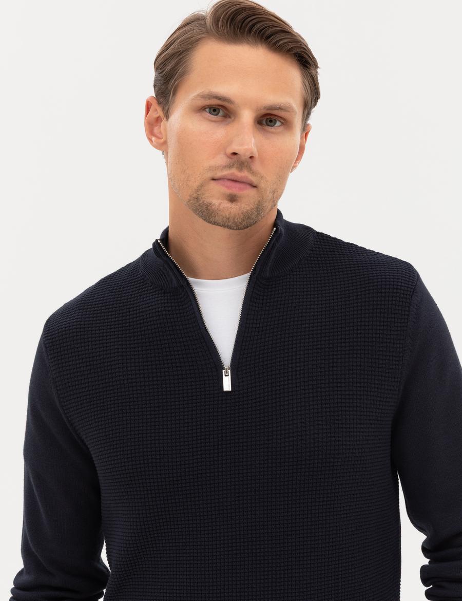 Lacivert Slim Fit Dik Yaka Fermuarlı Triko Kazak