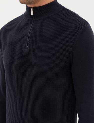 Lacivert Slim Fit Dik Yaka Fermuarlı Triko Kazak