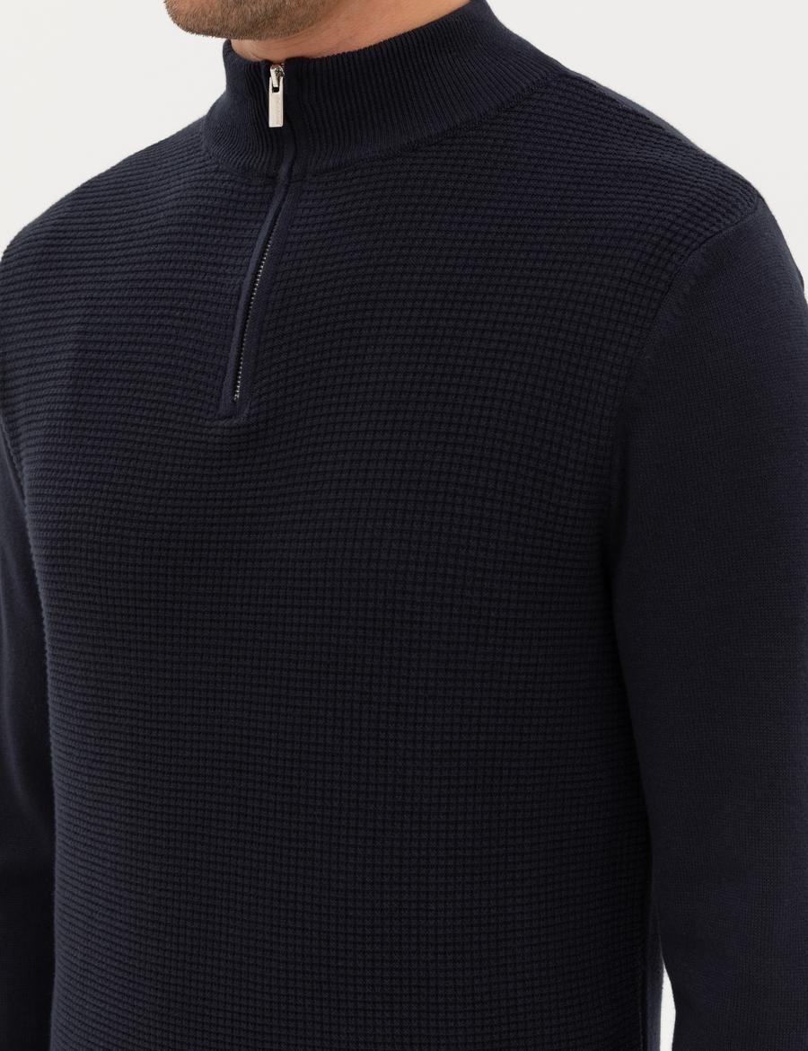 Lacivert Slim Fit Dik Yaka Fermuarlı Triko Kazak