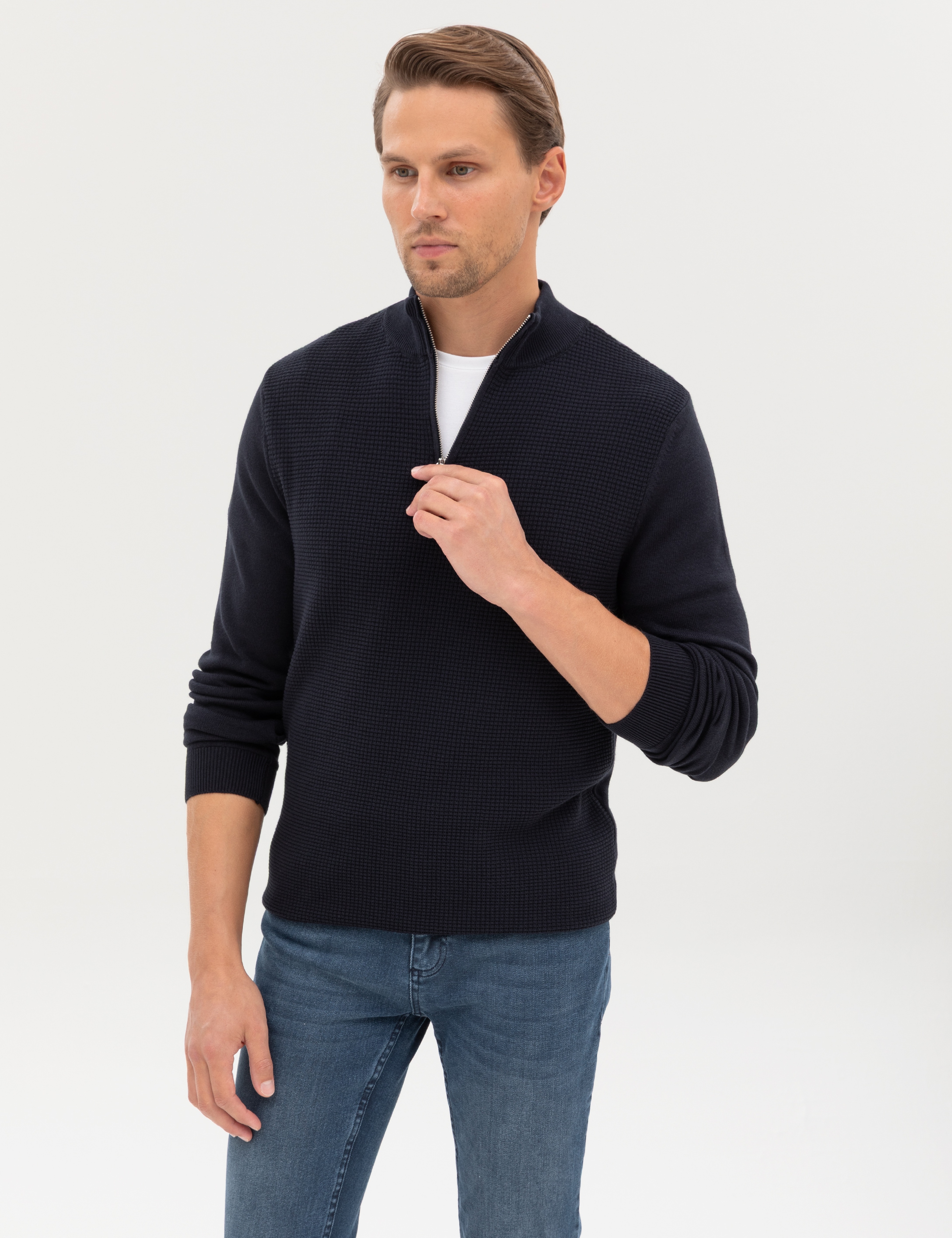 Lacivert Slim Fit Dik Yaka Fermuarlı Triko Kazak