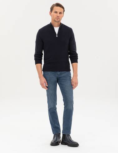 Lacivert Slim Fit Dik Yaka Fermuarlı Triko Kazak