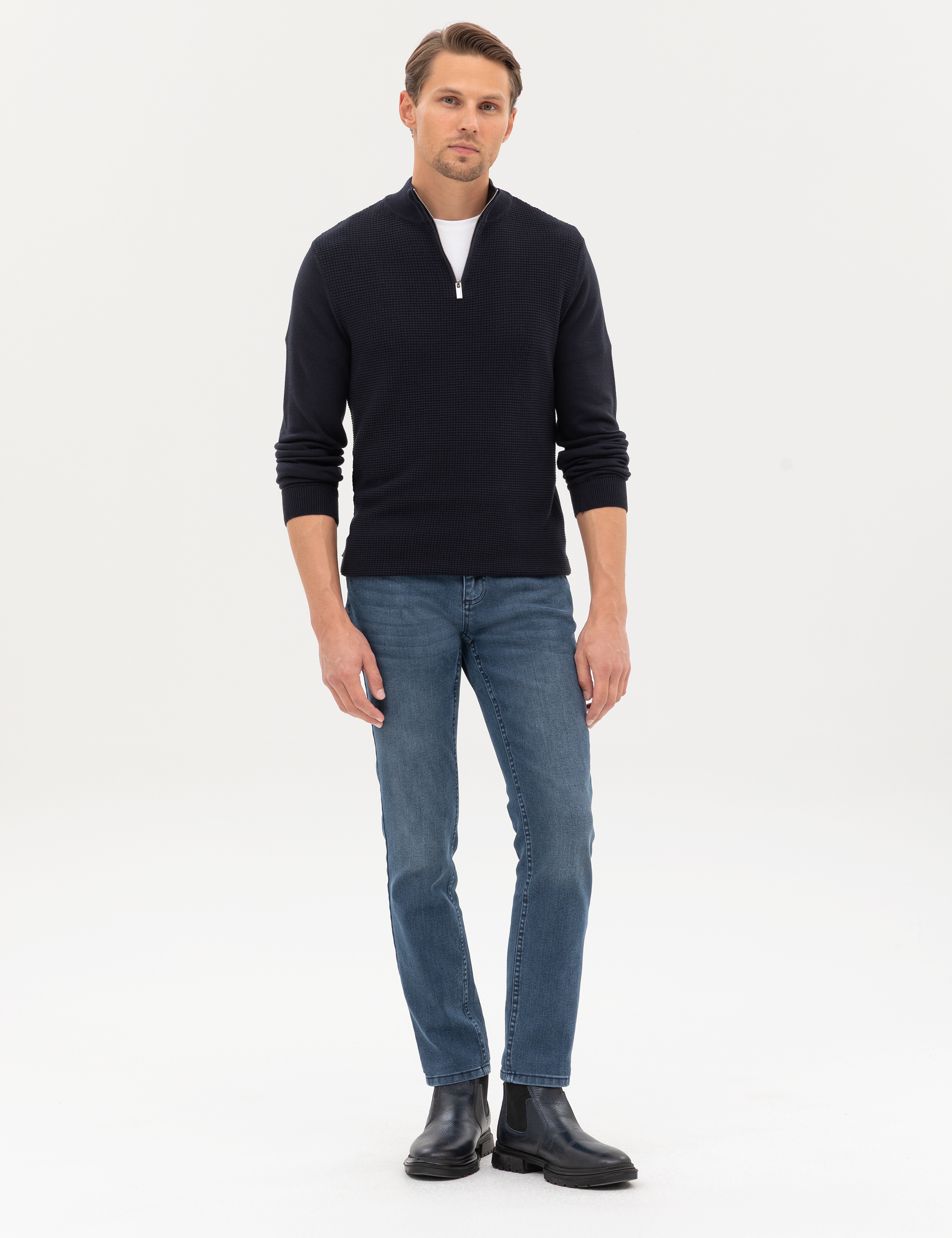 Lacivert Slim Fit Dik Yaka Fermuarlı Triko Kazak