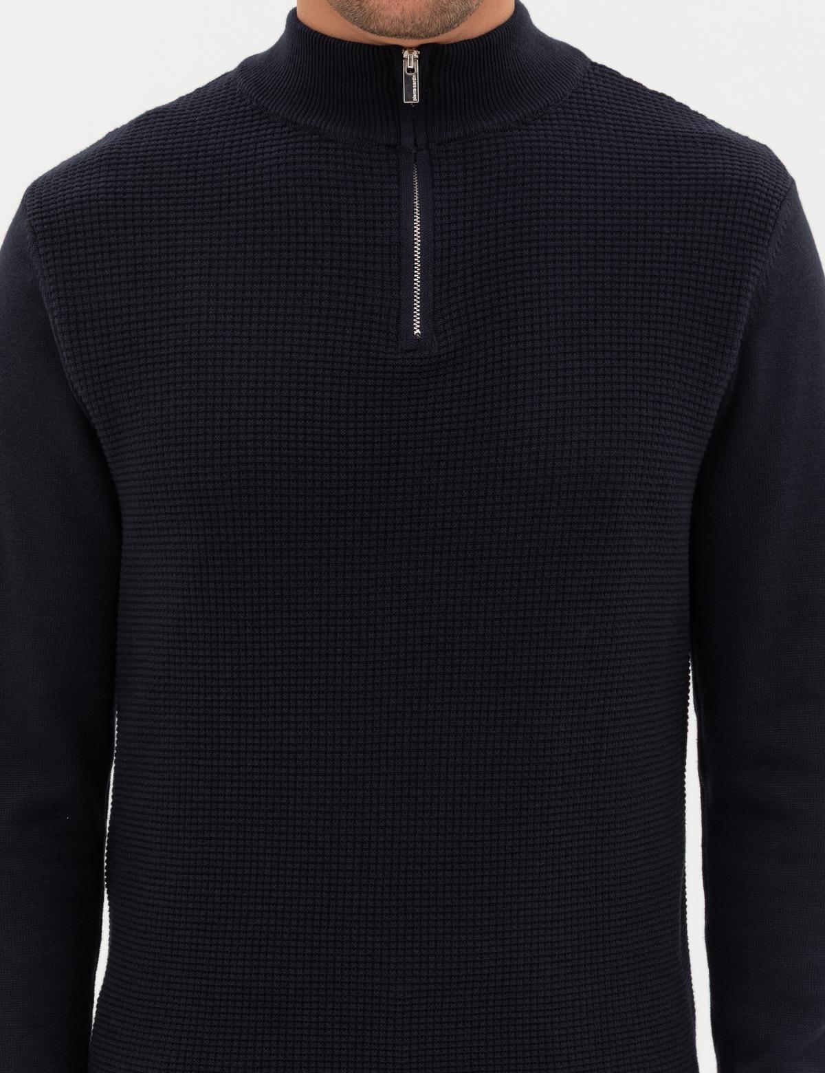 Lacivert Slim Fit Dik Yaka Fermuarlı Triko Kazak - 50317397006