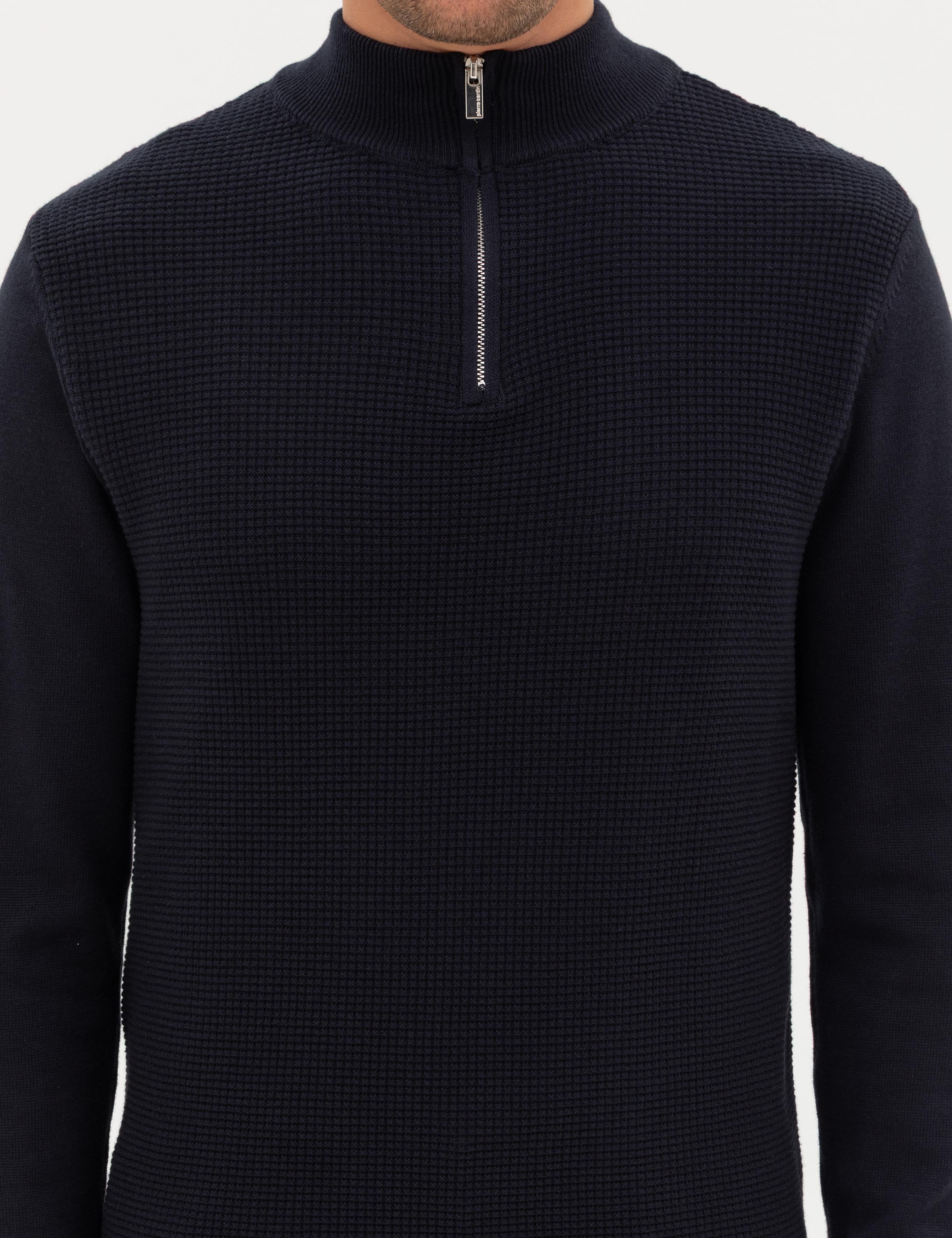 Lacivert Slim Fit Dik Yaka Fermuarlı Triko Kazak