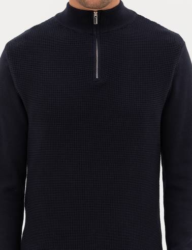 Lacivert Slim Fit Dik Yaka Fermuarlı Triko Kazak