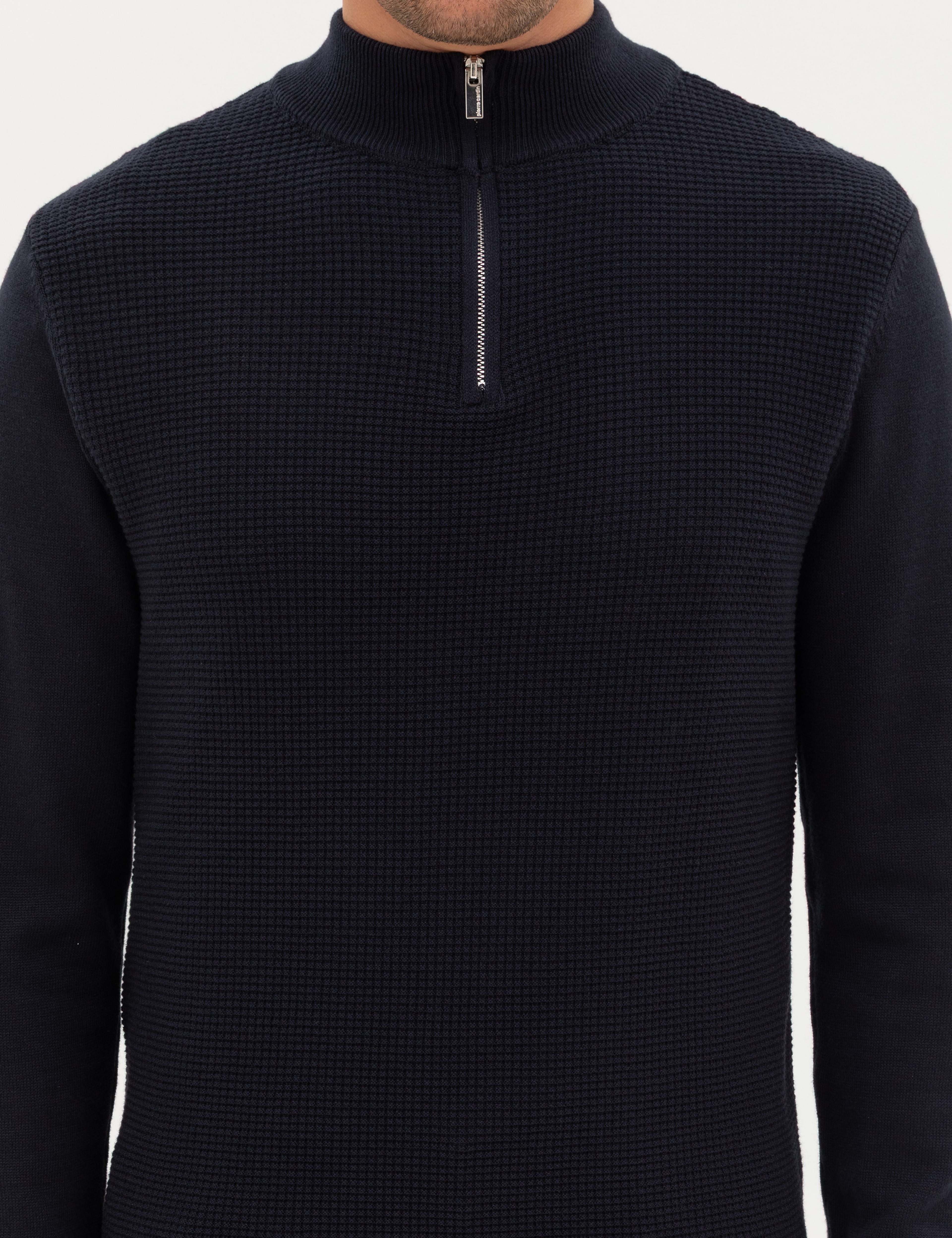 Lacivert Slim Fit Dik Yaka Fermuarlı Triko Kazak - Image 6