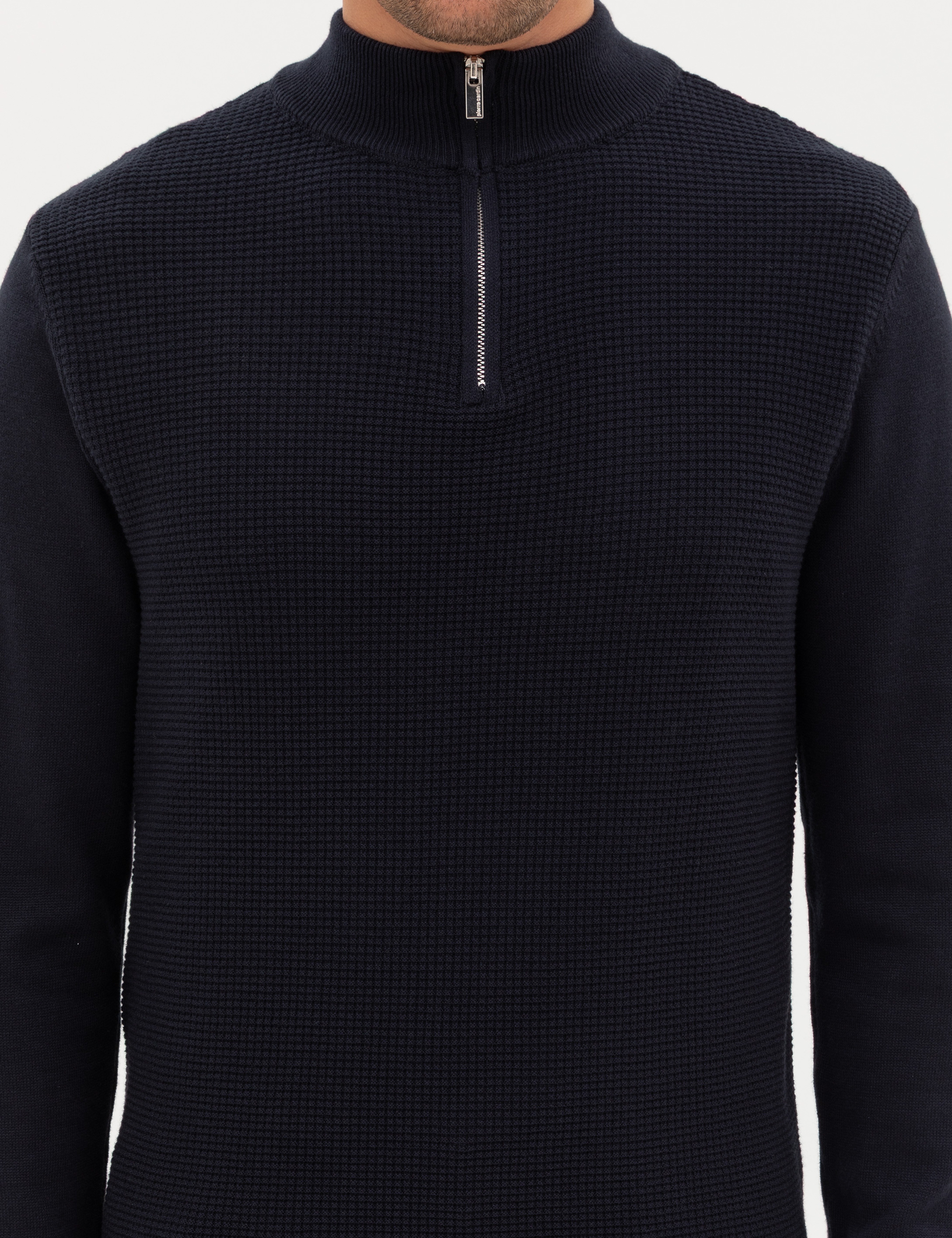 Lacivert Slim Fit Dik Yaka Fermuarlı Triko Kazak