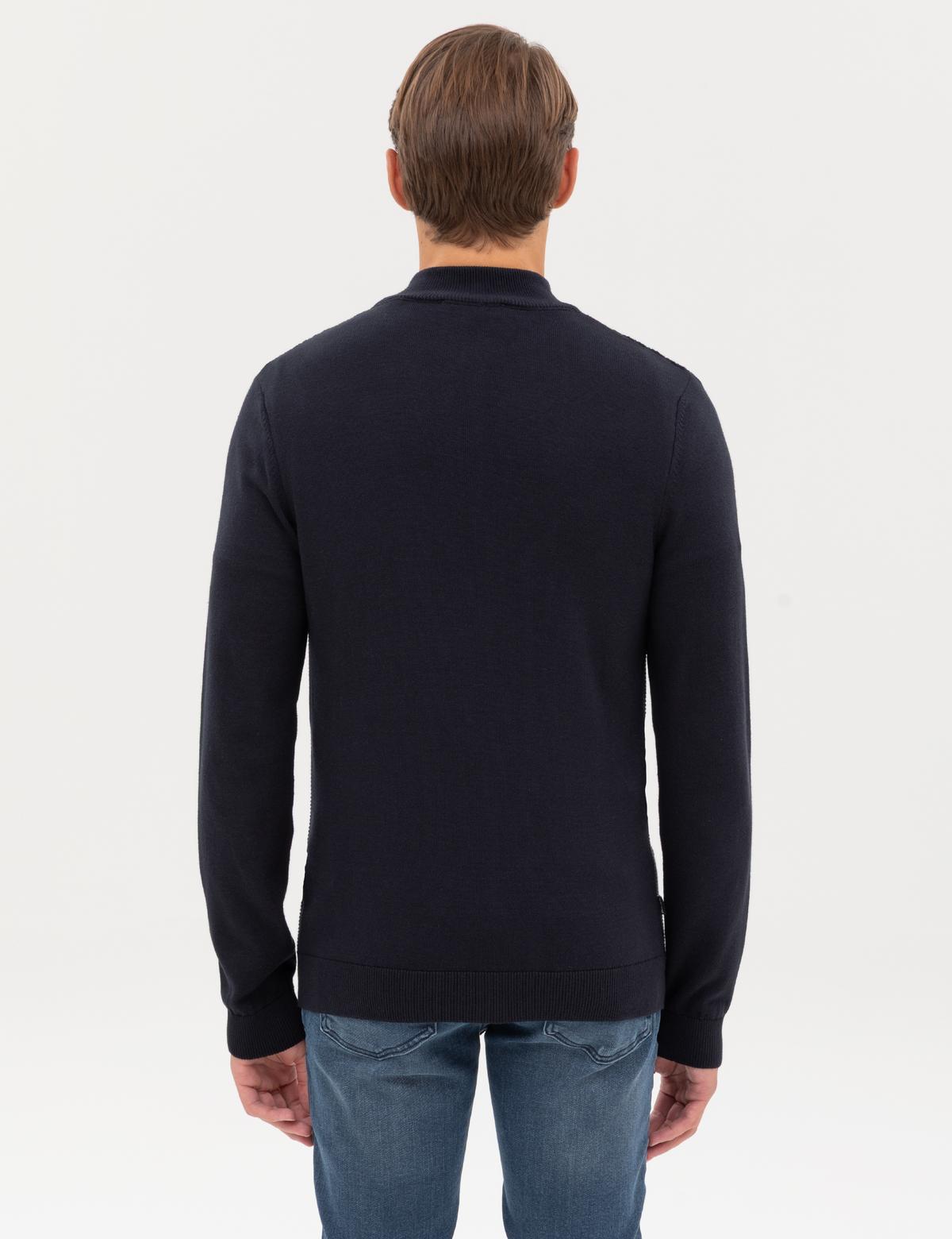 Lacivert Slim Fit Dik Yaka Fermuarlı Triko Kazak - 50317397006