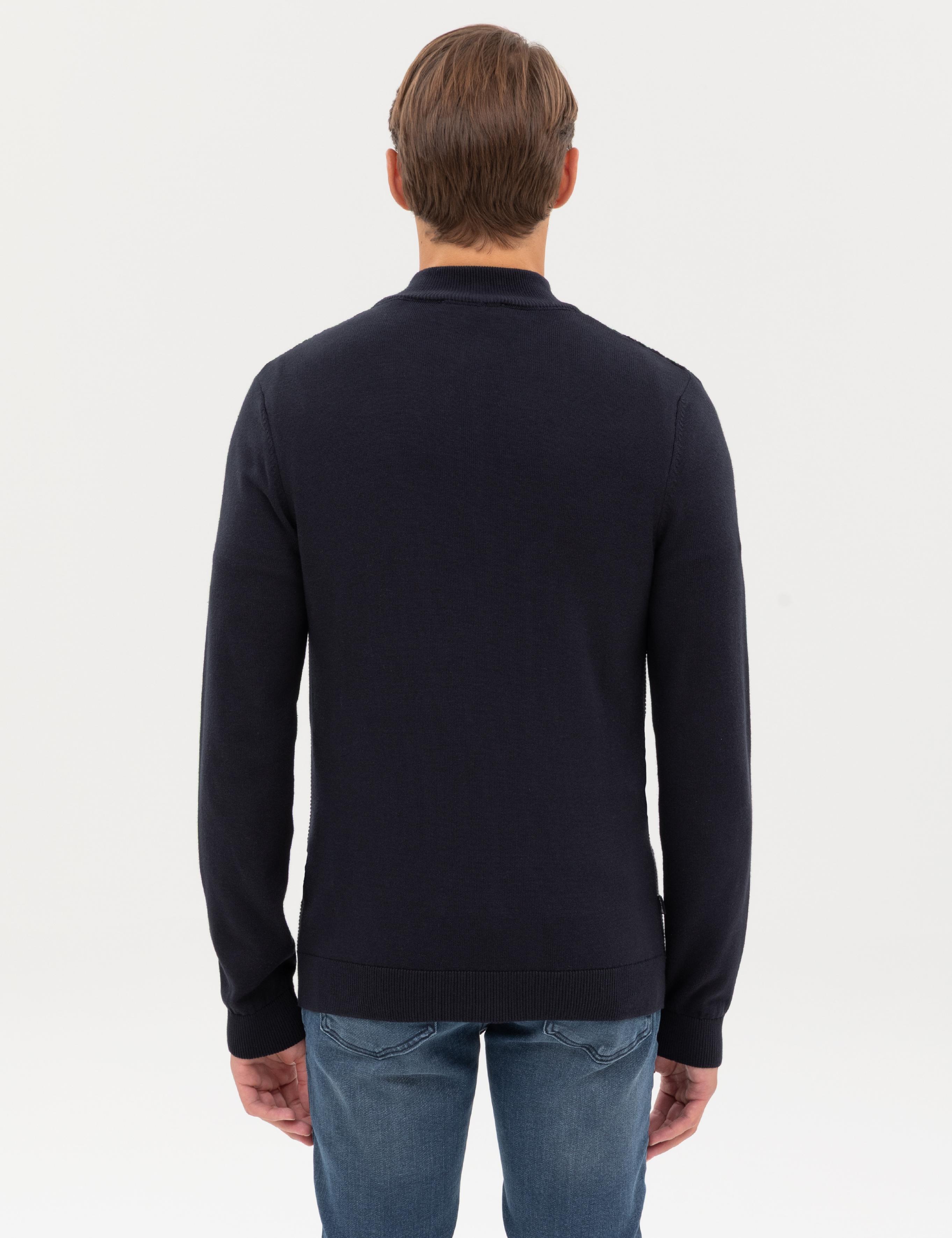 Lacivert Slim Fit Dik Yaka Fermuarlı Triko Kazak